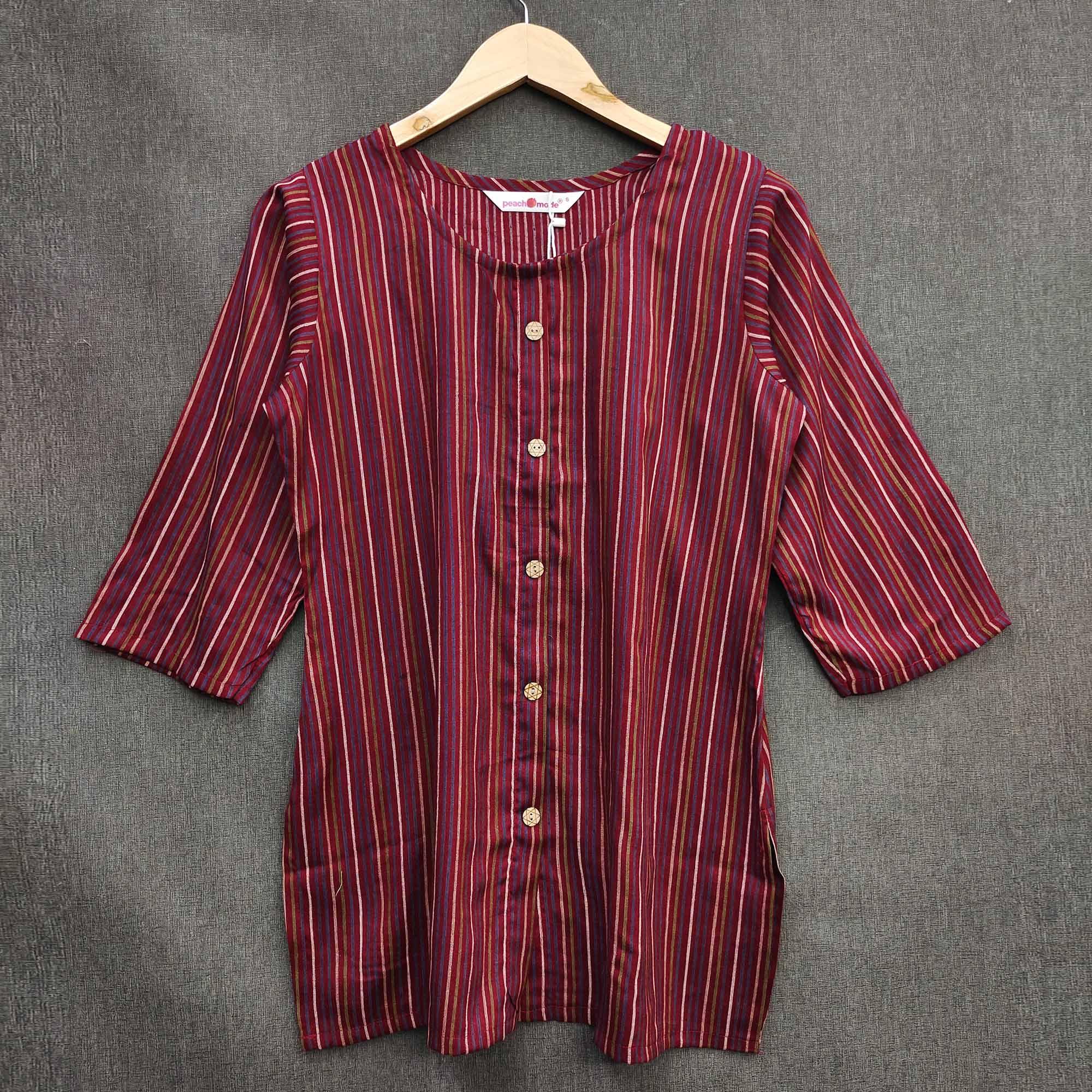 Peachmode Maroon Striped Printed Rayon Top