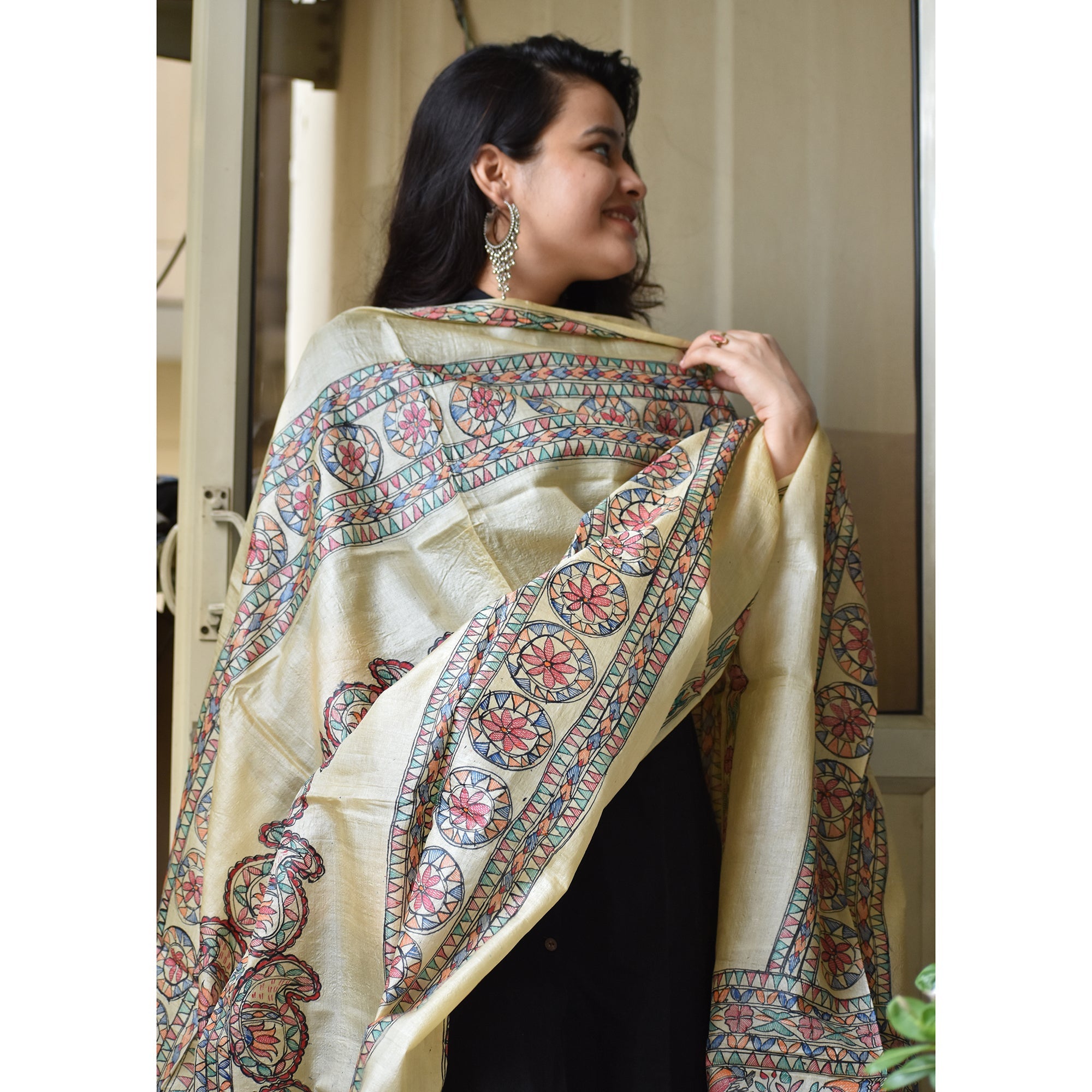 DIORAMA DESIGNS Beige - Madhubani Hand-Painted Silk Dupatta - view 4