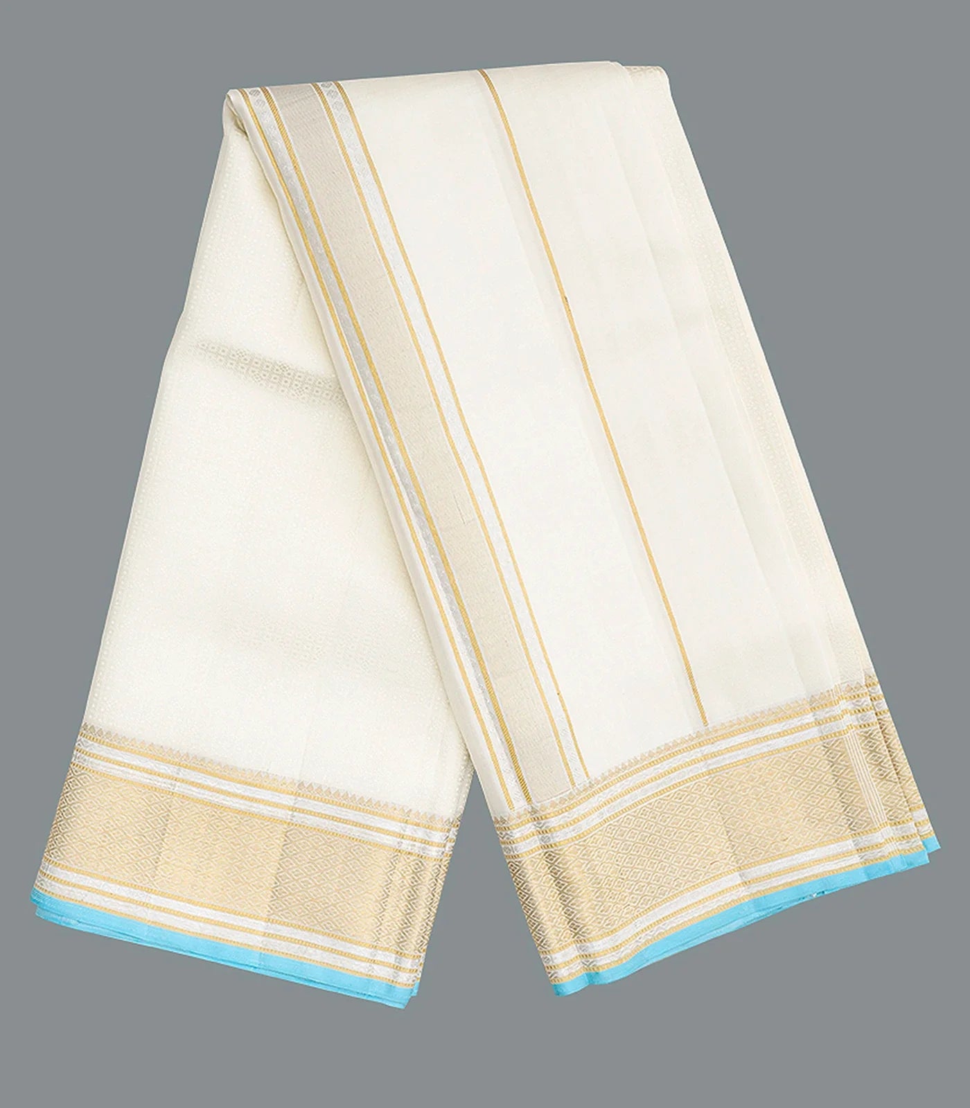 RmKV Off White 9 X 5 Handloom Silk Dhoti With Zari Motifs & Turquoise Selvedge -Off White