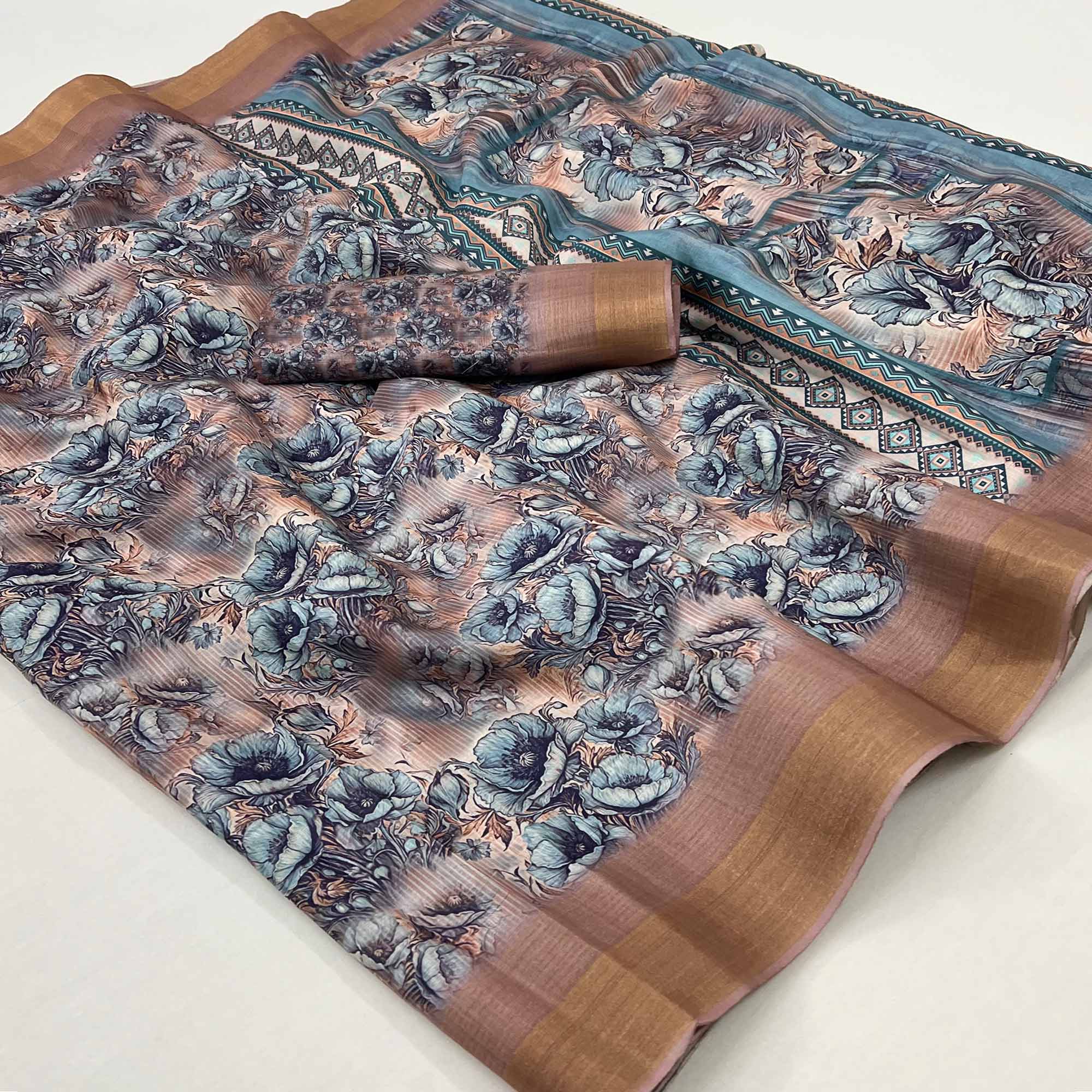 Peachmode Chikoo Digital Printed With Woven Border Cotton Silk Saree