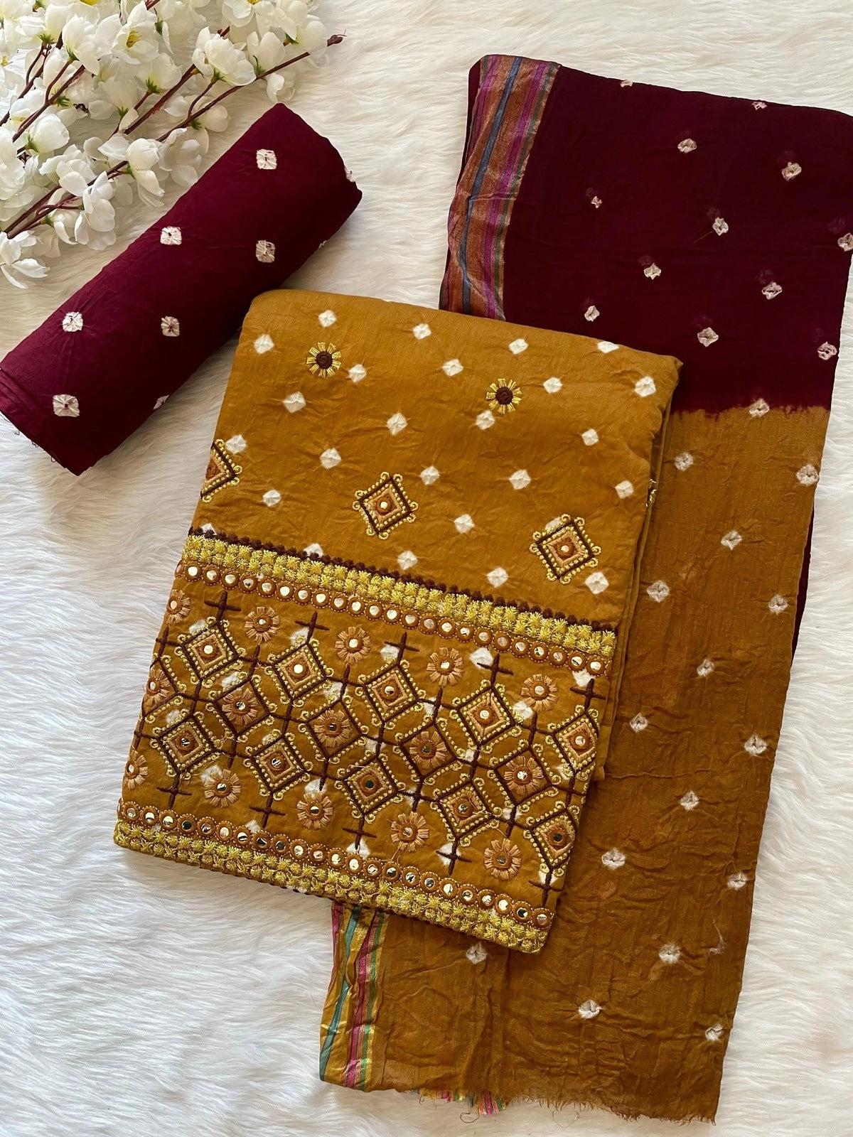 Ethenika Cotton Foil Mirror Thread Embroidery work Bandhani Material (Unstitched)