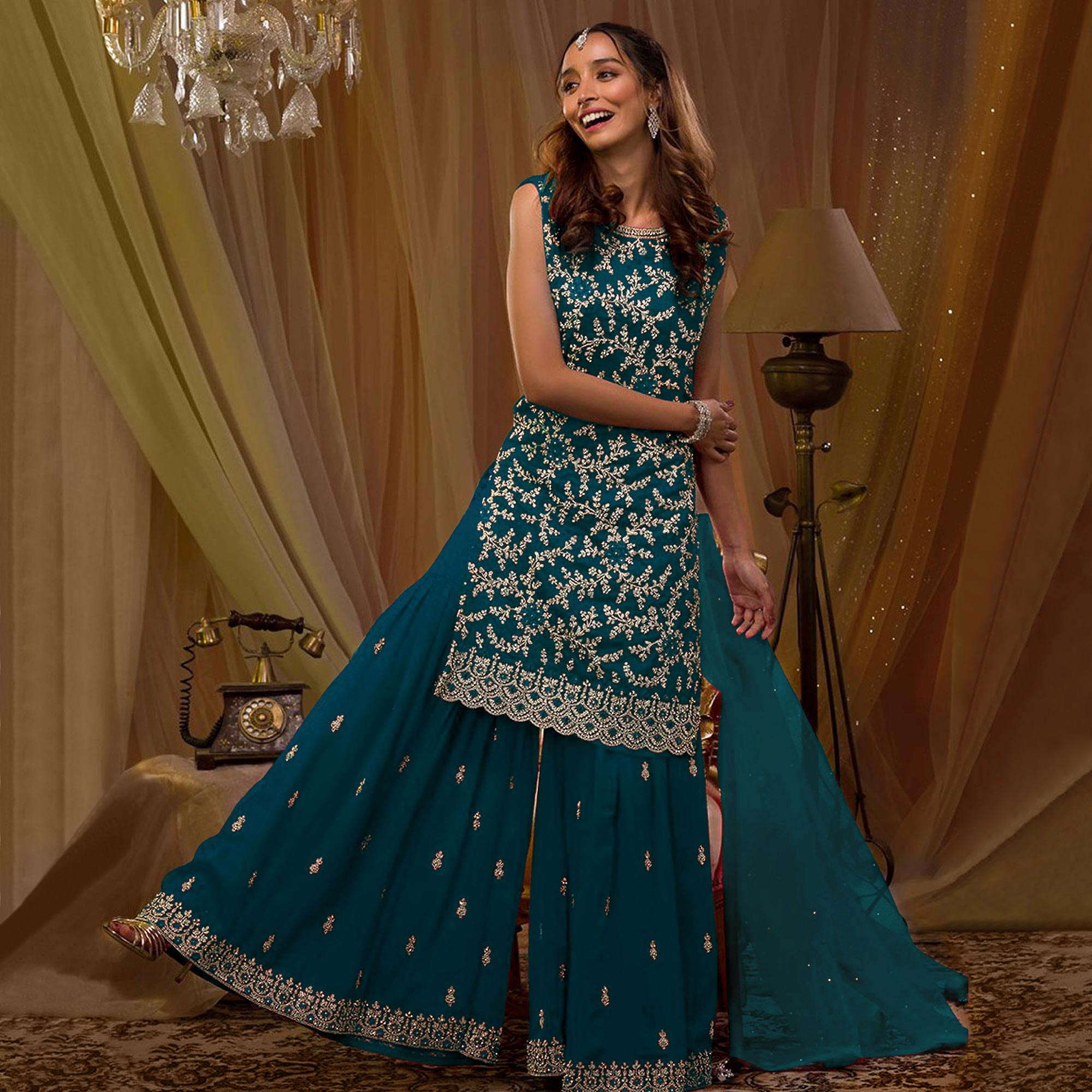 Peachmode Morpich Sequins Embroidered Georgette Semi Stitched Sharara Suit