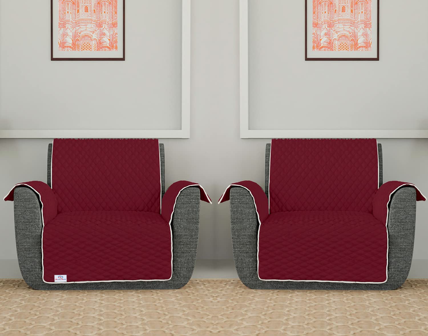 Heart Home Both Sided 1 Seater Sofa Cover|Polyester Check Design Couch Cover|Non-Slip Stretchy Sofa Slipcovers,Pack of 2 (Maroon & Gray)
