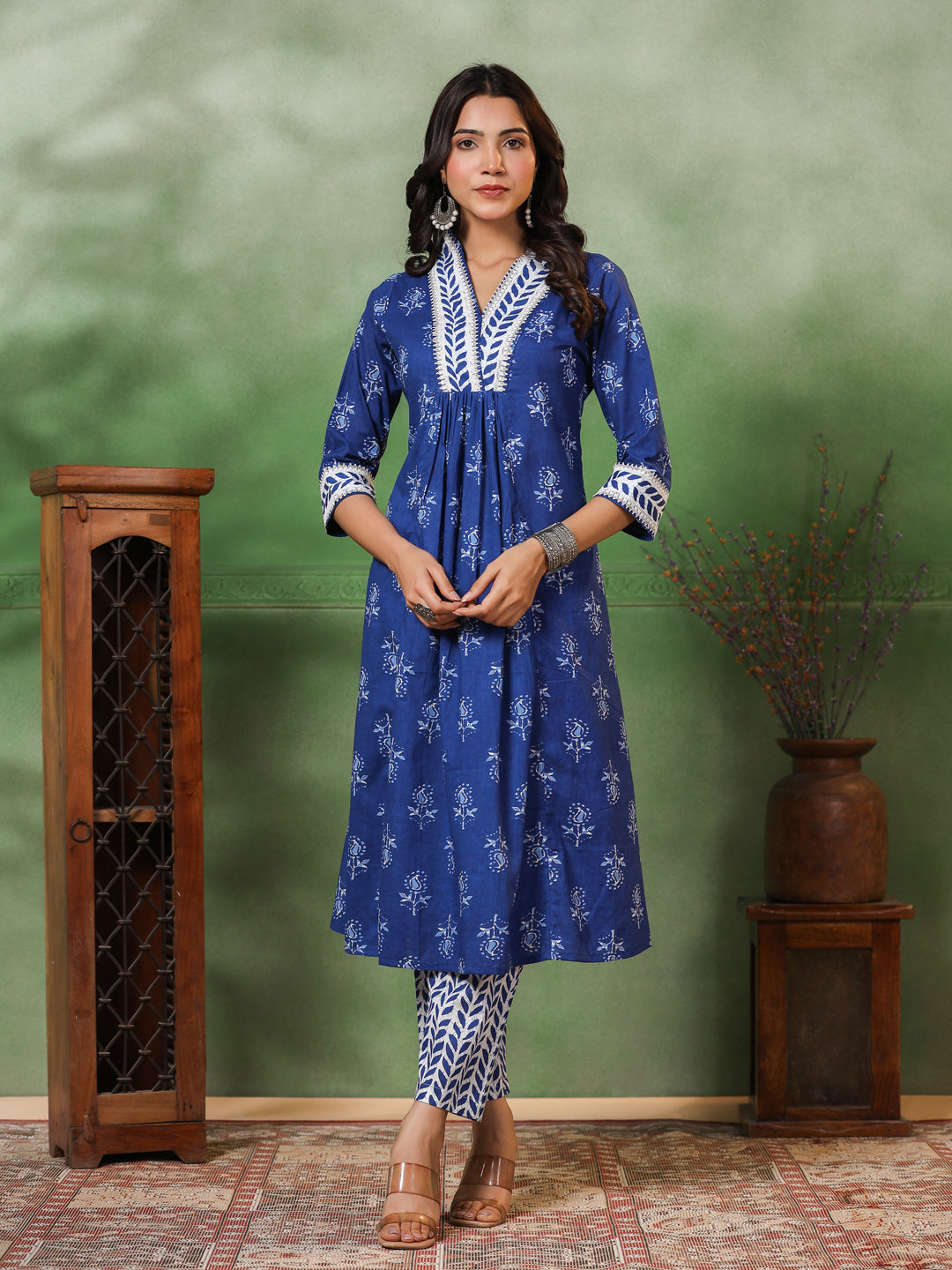FASHOR Floral & Ethnic Stripes Printed A-Line Pleated Kurta with Pant - Blue