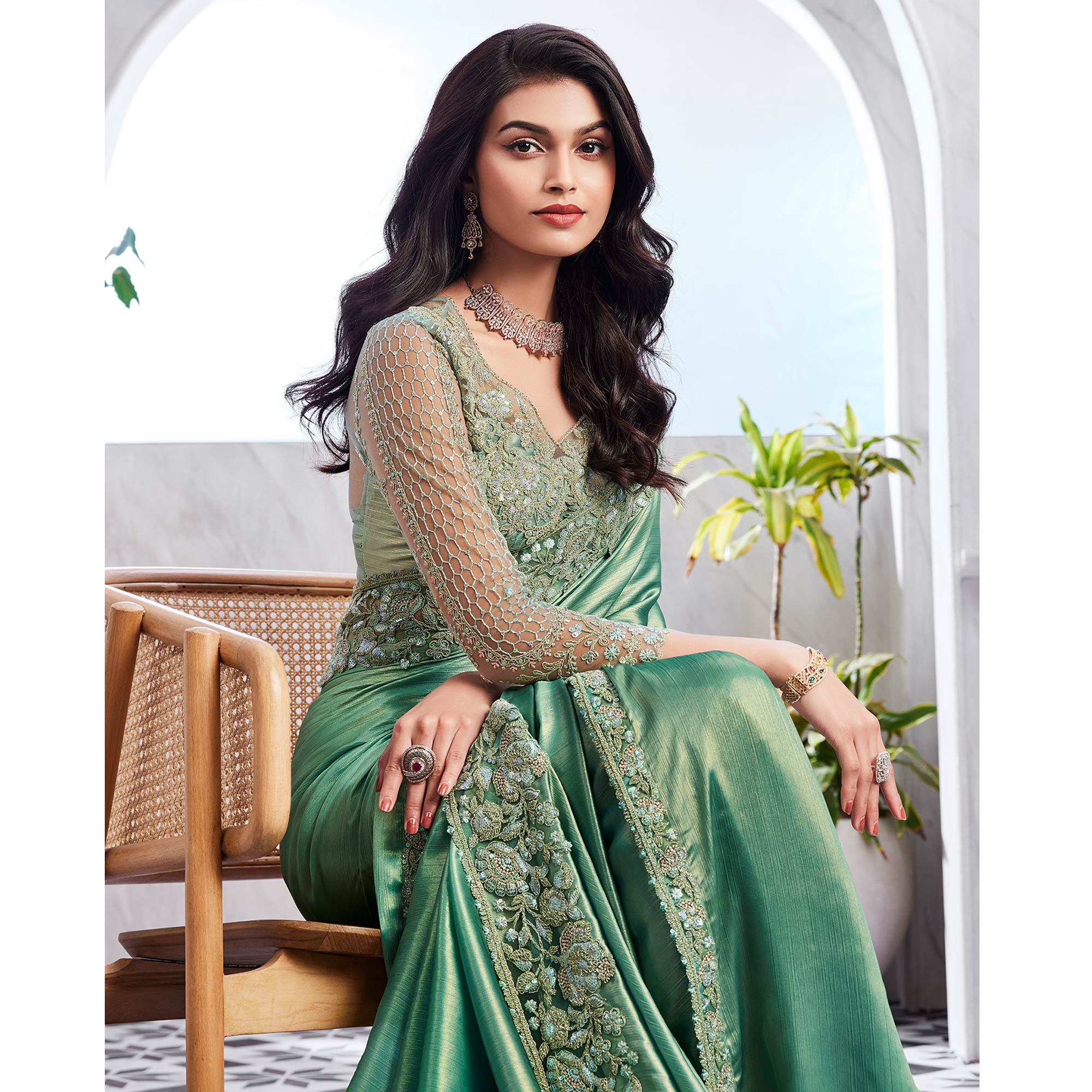 Peachmode Dusty Green Floral Sequins Embroidered Chiffon Saree - view 4