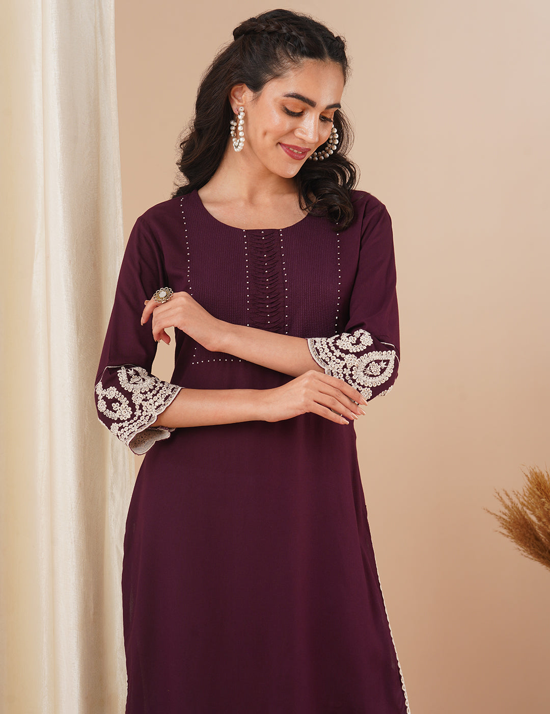 FASHOR Solid Ethnic Embroidered Straight Fit Kurta - Purple