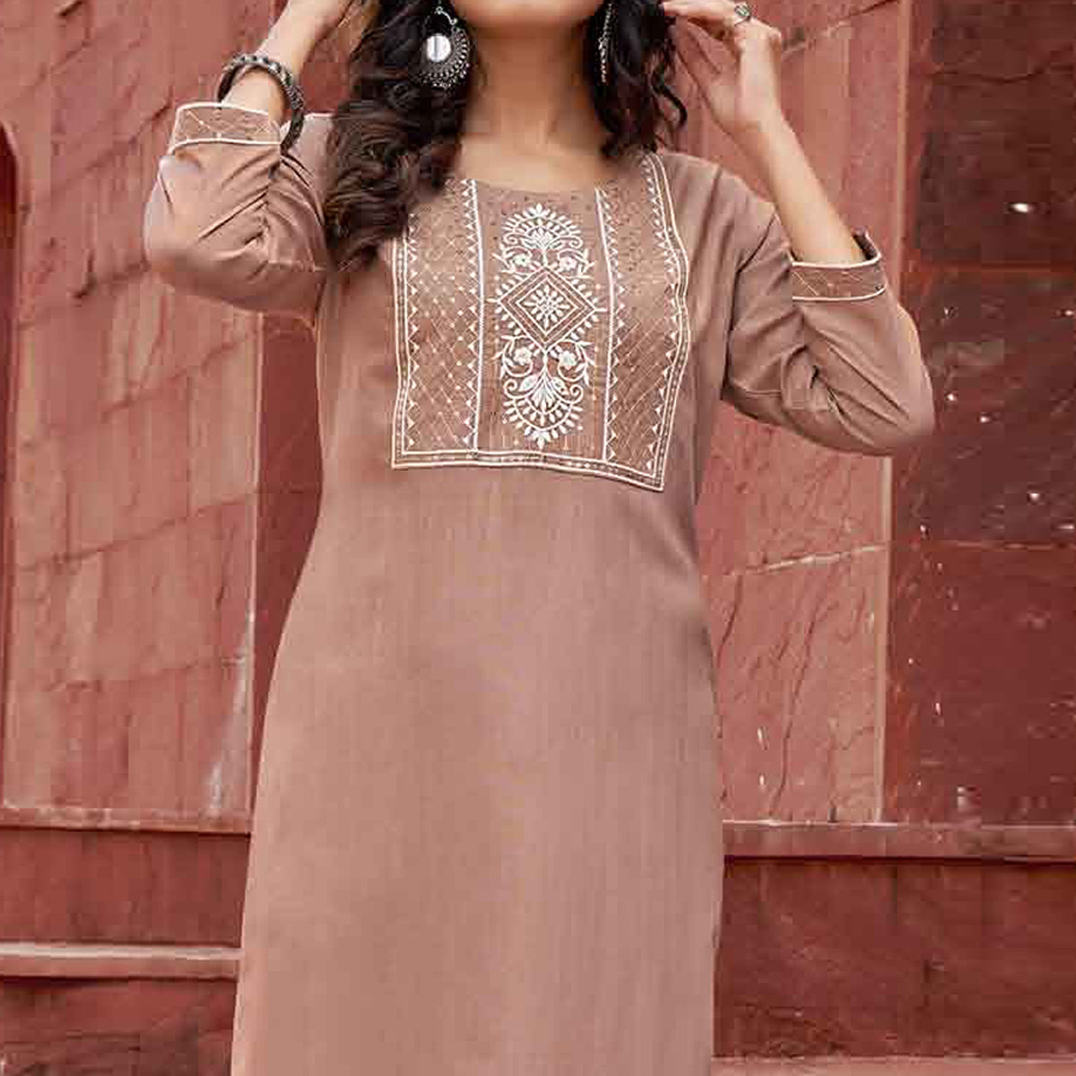 Peachmode Brown Floral Embroidered Rayon Kurti - view 3