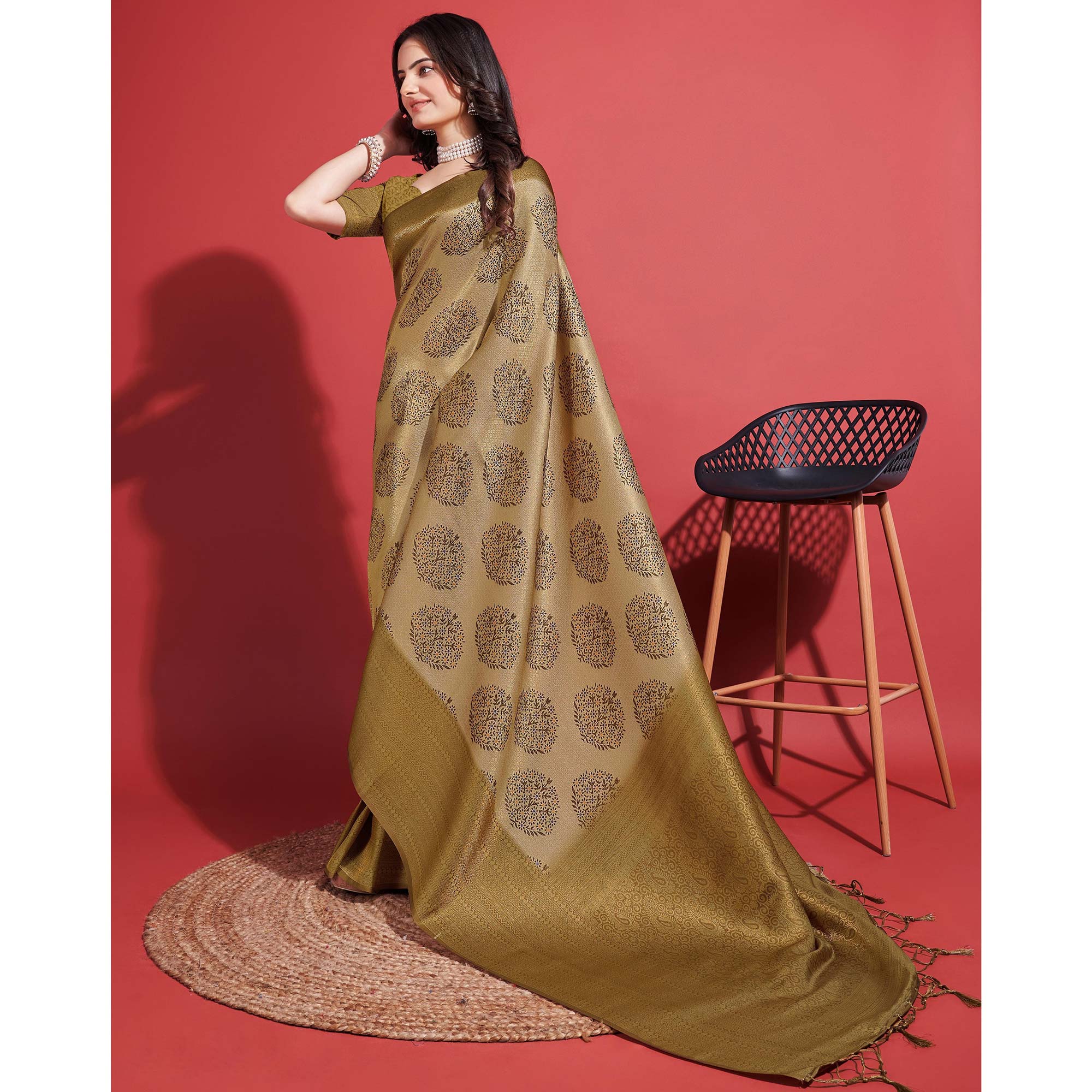Peachmode Dark Mustard Floral Digital Printed With Woven Banarasi Silk Saree - view 4