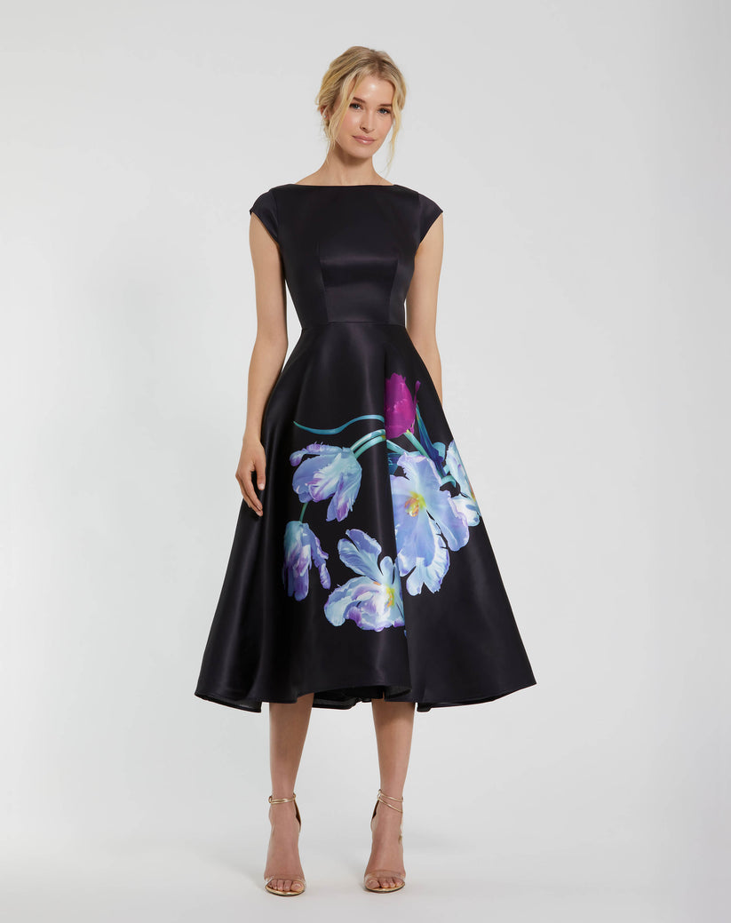 Mac Duggal 20995 A Line Floral Print Cocktail Midi Dress