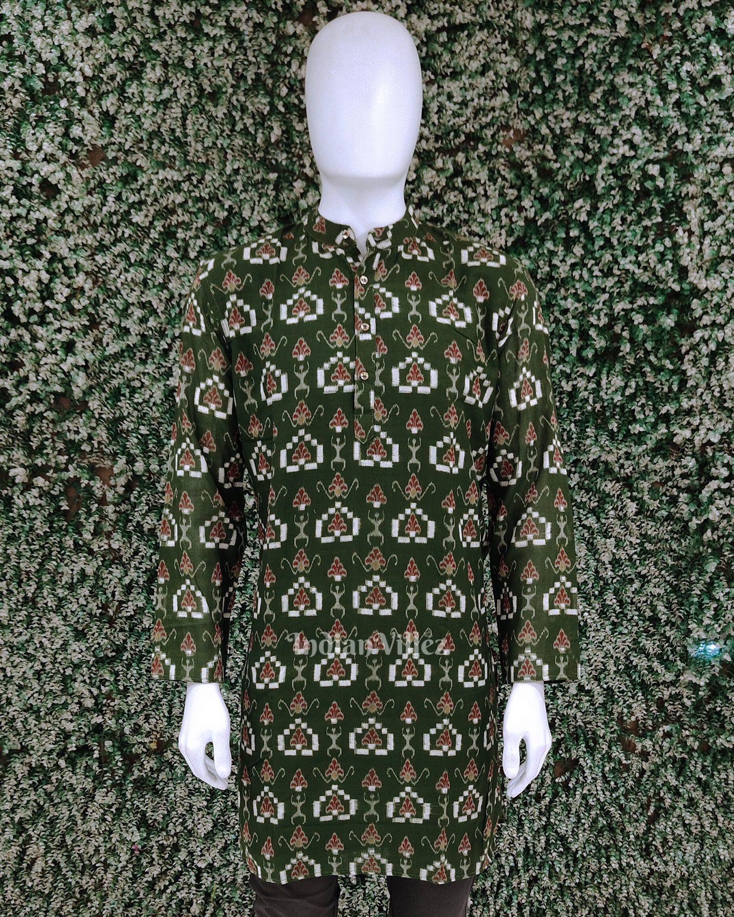 IndianVillèz Green Pasapali Flower Odisha Ikat Cotton Kurta for Men