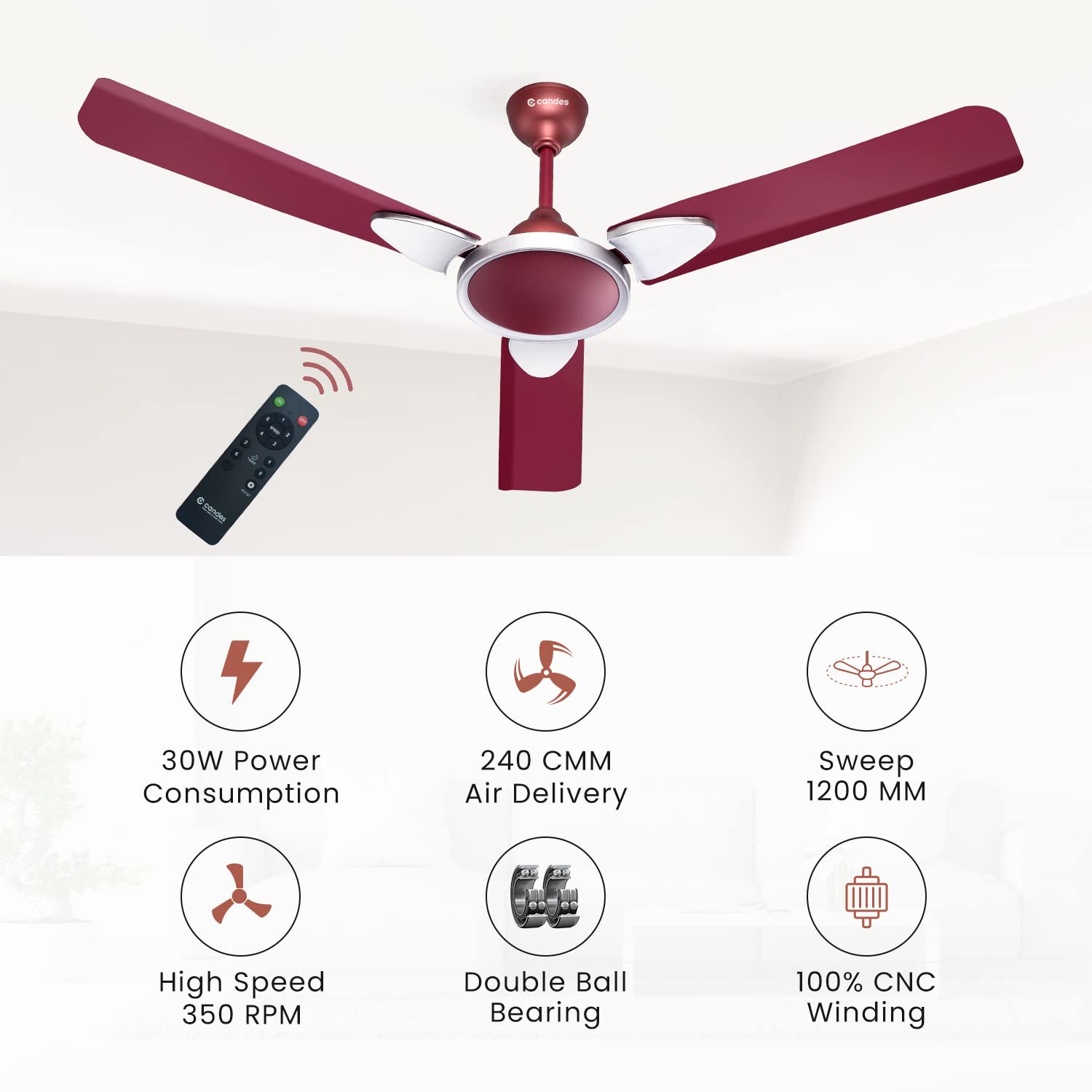 Candes Eco Zest Energy saving Designer 1200 mm / 48 inch Anti-Rust BLDC Ceiling Fan With Remote (2 Years Warranty) (Maroon) - view 3