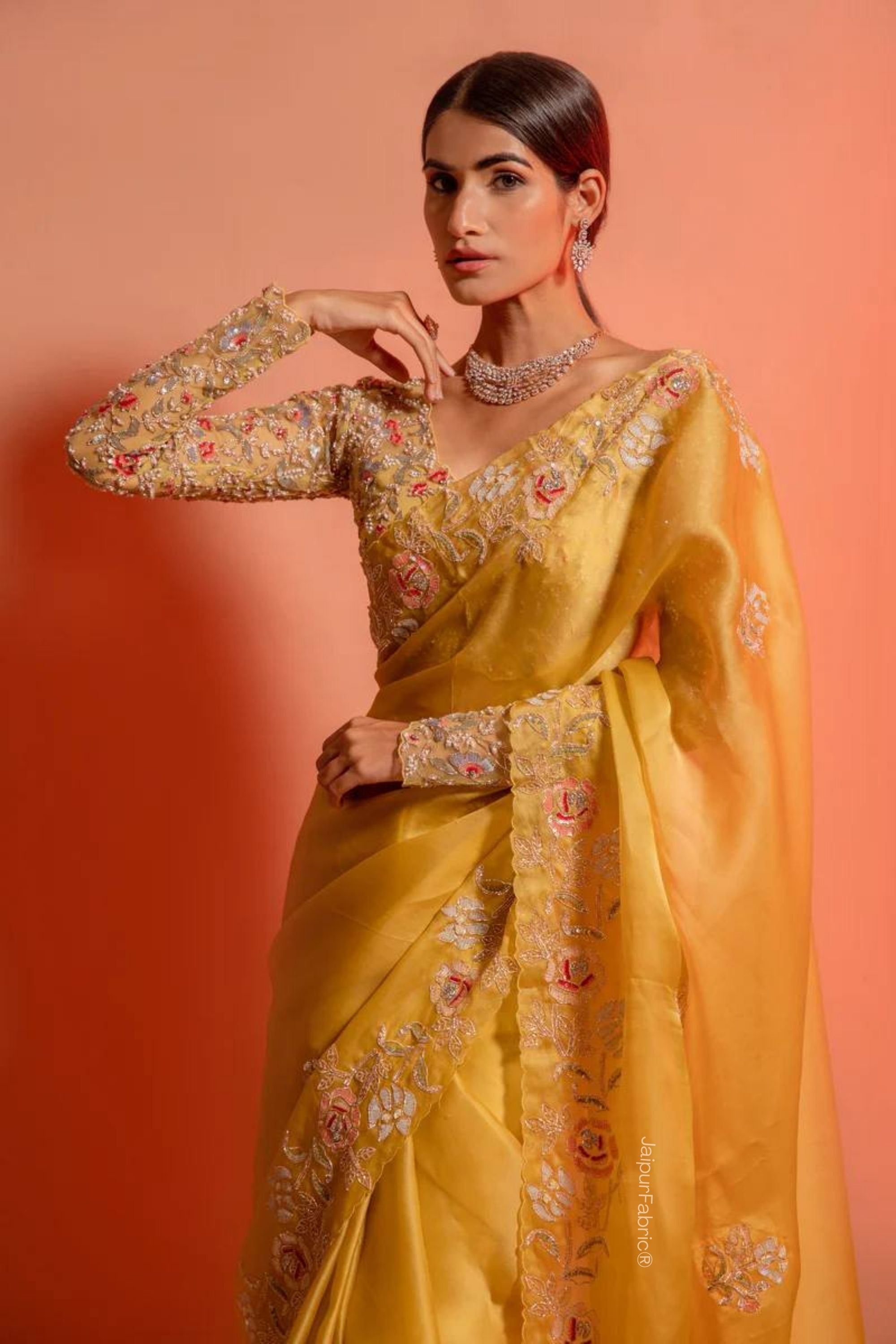 JaipurFabric® Embroidered Organza Saree in Yellow