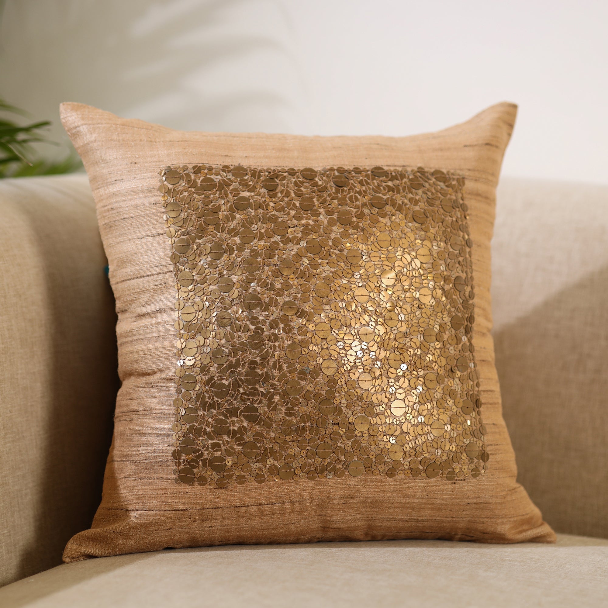 CHHATTISGARH HASTSHILP VIKAS BOARD Beige - Aari Embroidery Sequin Work Mercerised Ghicha Silk Cushion Cover (16 x 16 in) - view 2