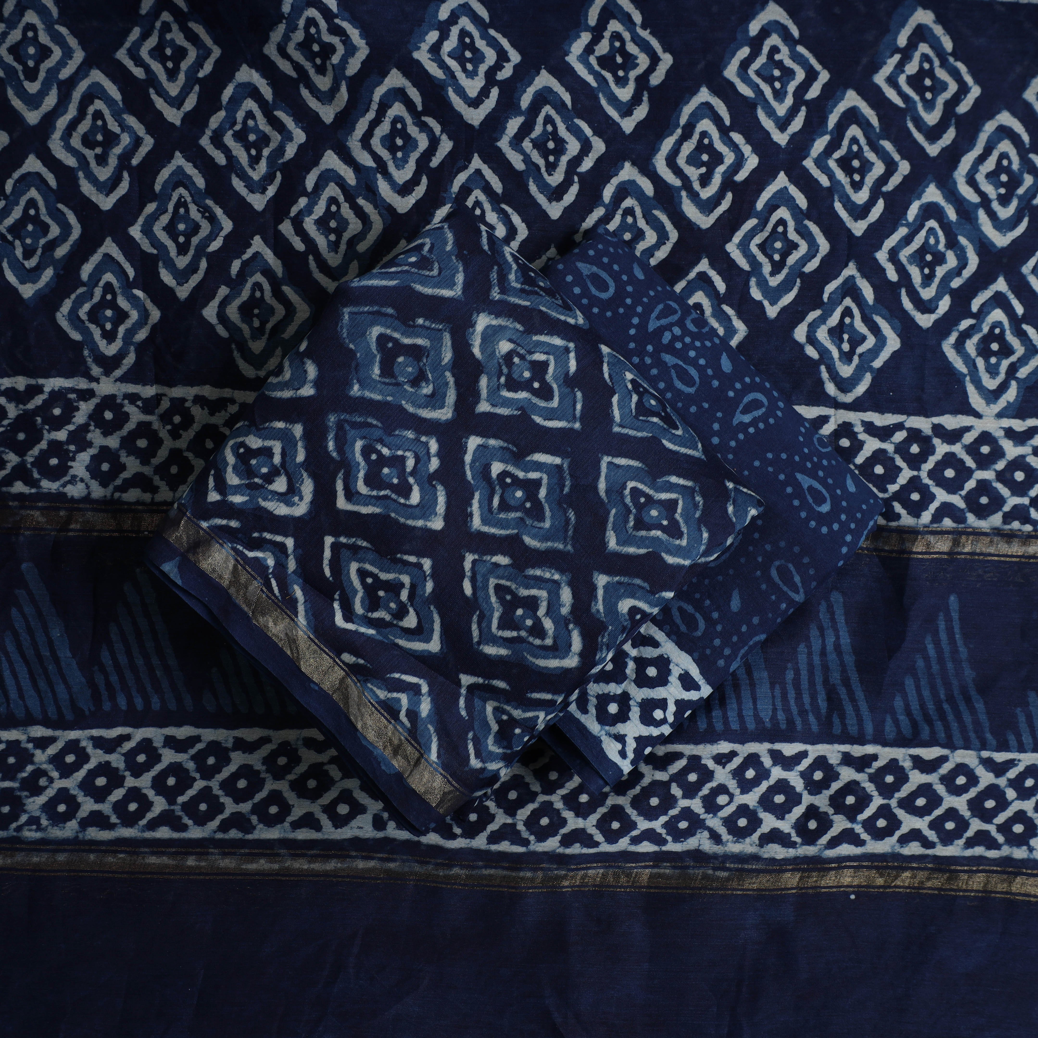ARTISAN HAND BLOCK PRINTS Blue - 3pc Chanderi Silk Indigo Bagru Print Dress Material 02 - view 2