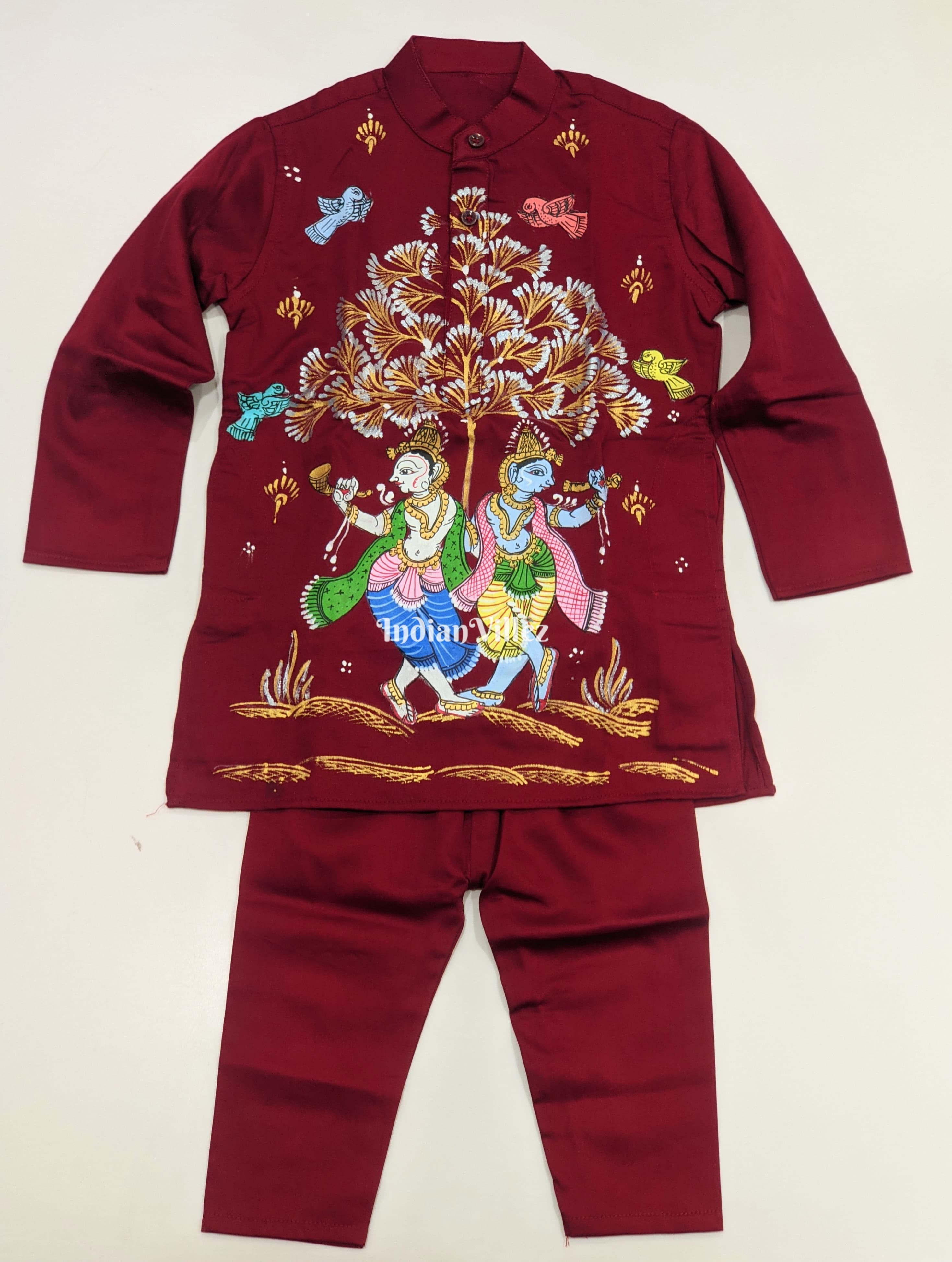 IndianVillèz Cherry Red Boys Nartaki Theme Pattachitra Kids Kurta & Pyjama Set