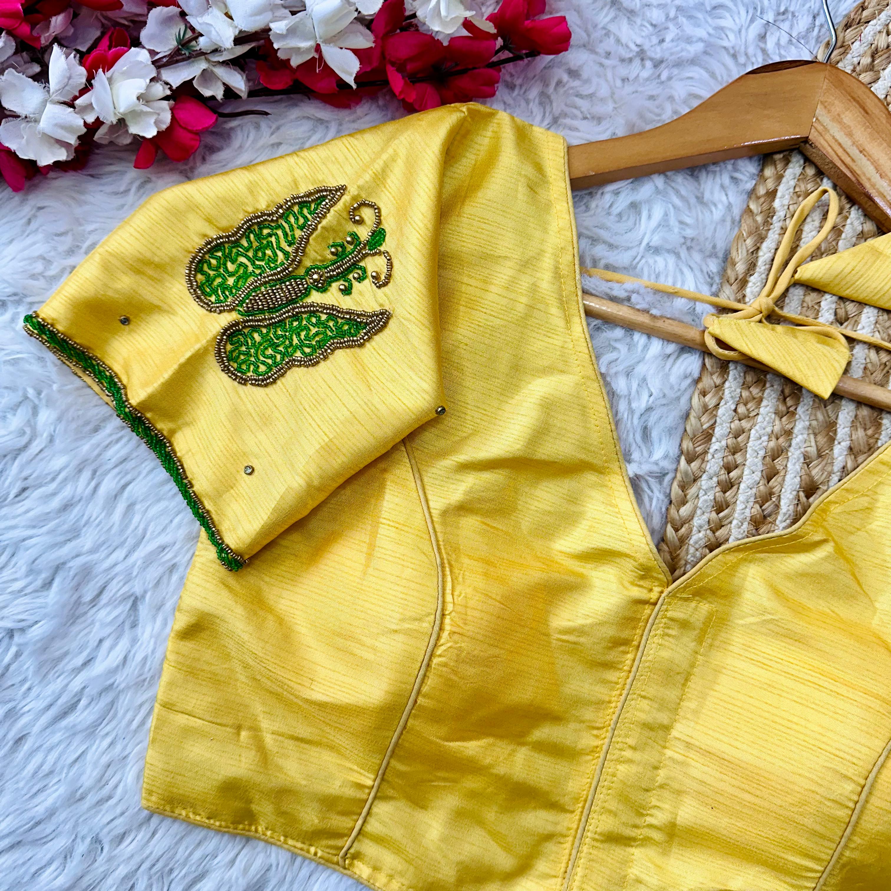 ClothsVilla Yellow Handcrafted Wedding Blouse Collection in Mayo Silk