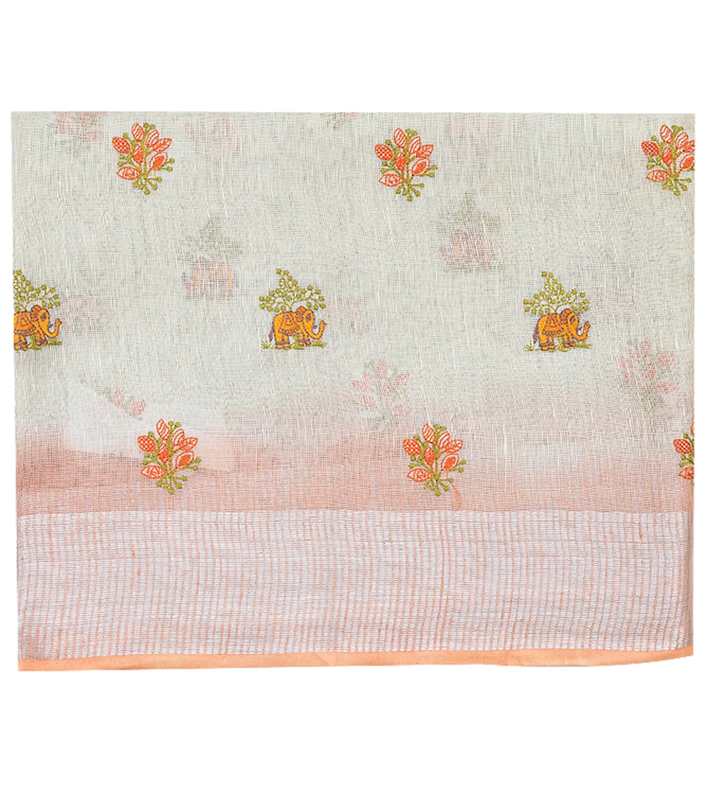 RmKV Off White Blended Linen Saree with Elephant and Flower Embroidery with Blue Border and Pallu