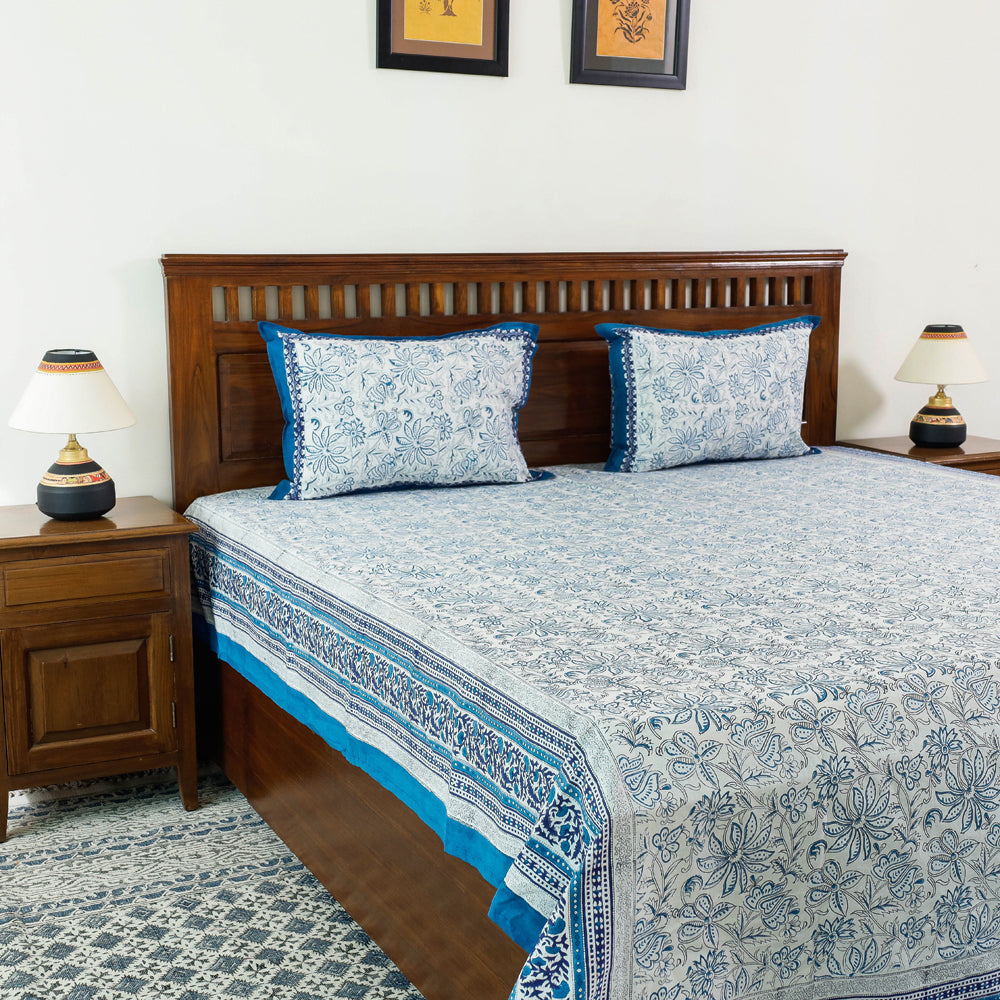HAVELI CHRONICLES Blue - Block Print Cotton Double Sanganeri Bed Sheet