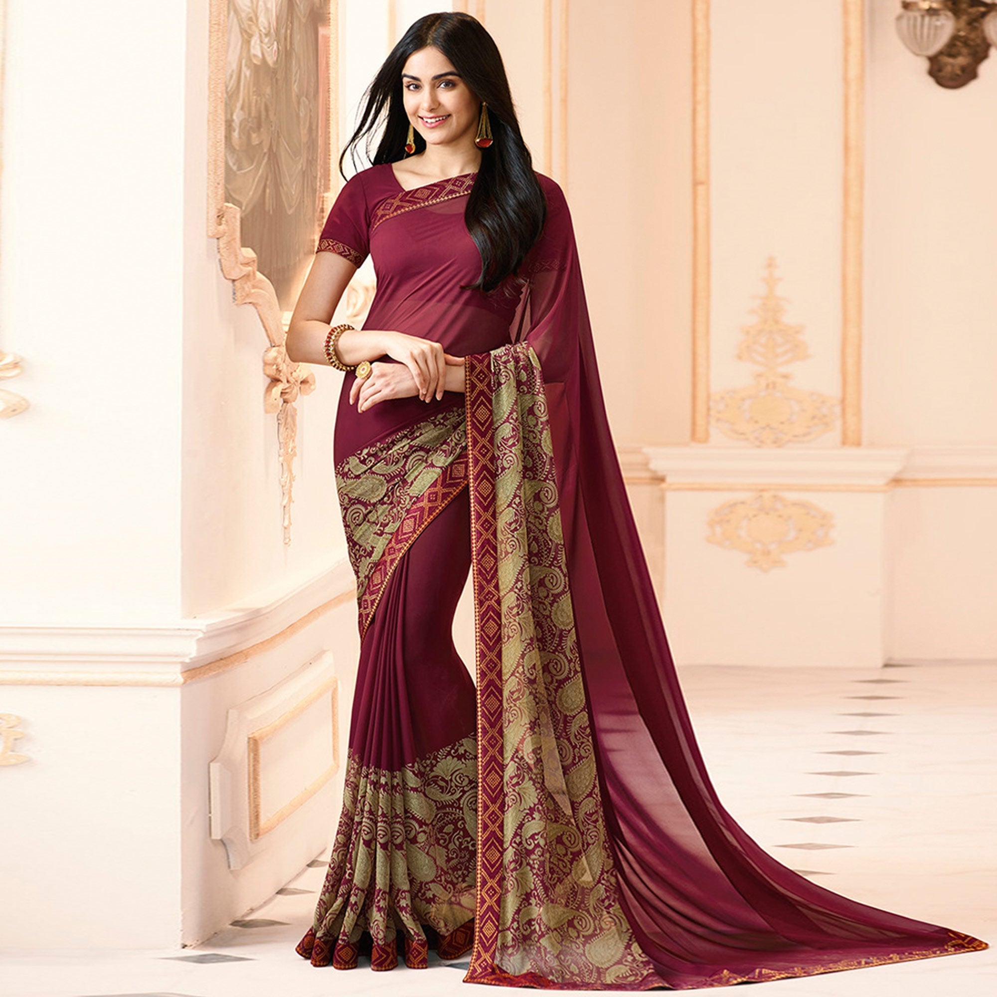 Peachmode Maroon Printed Georgette Saree With Lace Border