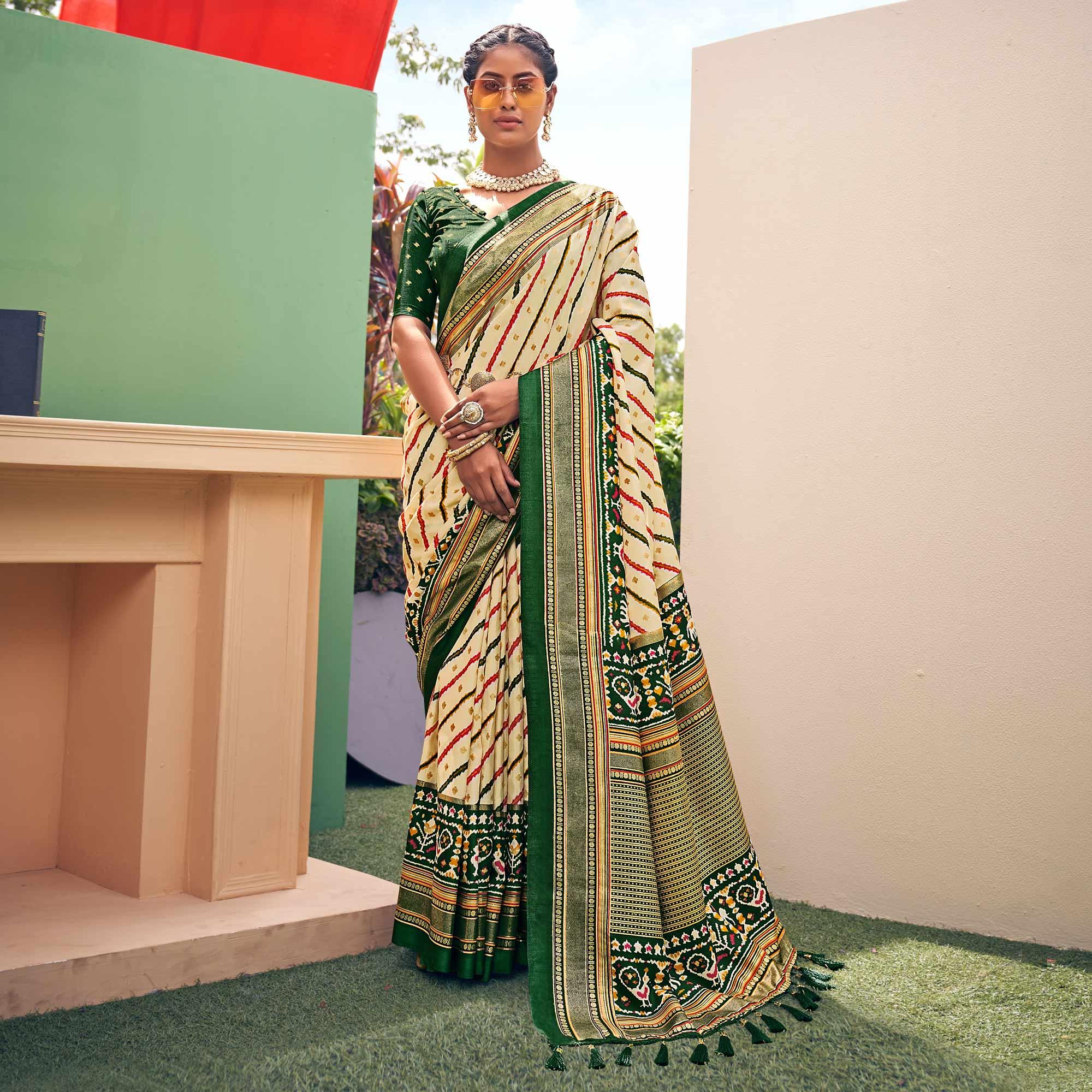 Peachmode Cream Patola Printed Silk Saree With Tassels - view 2