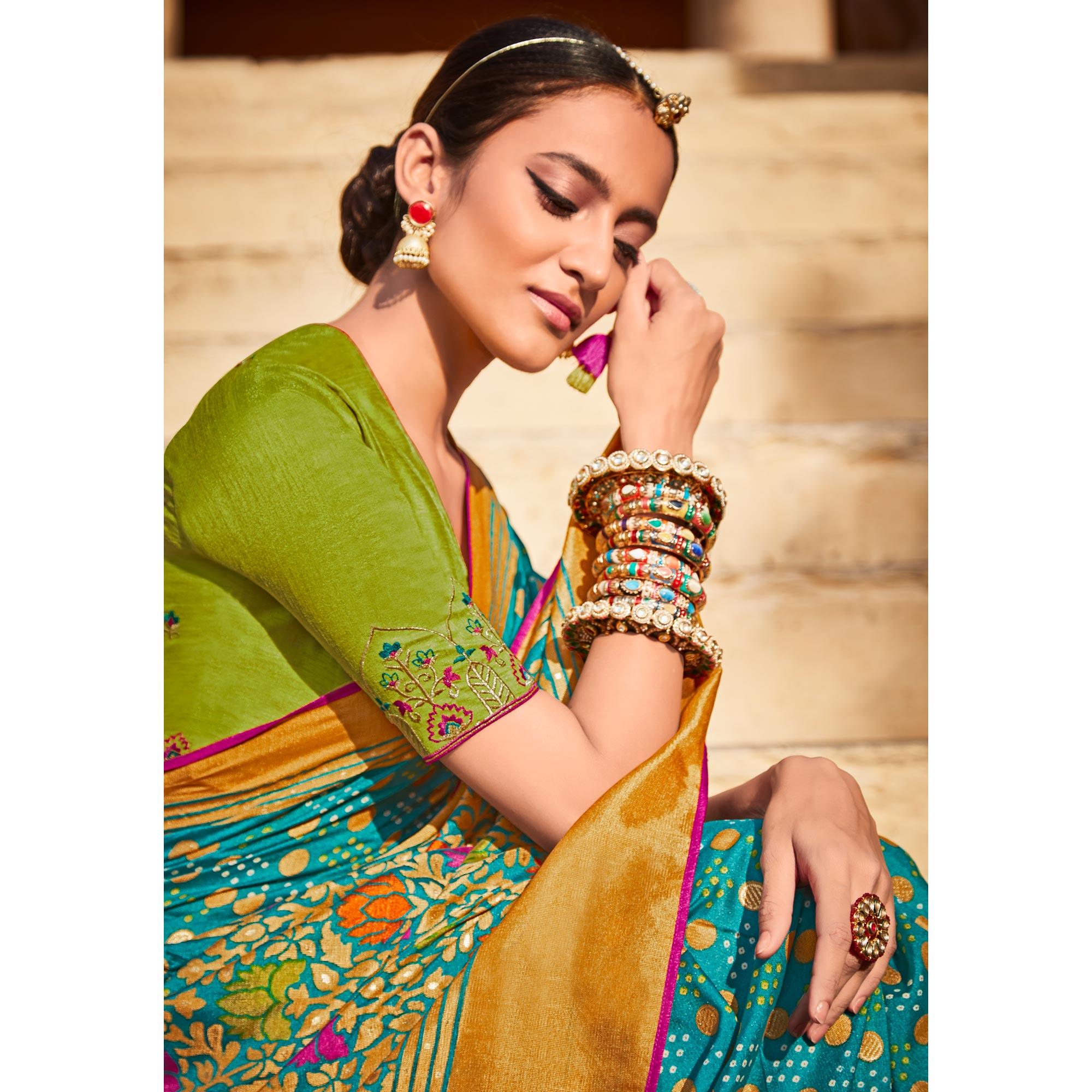 Peachmode Firozi Festive Wear Printed Silk Saree - view 5