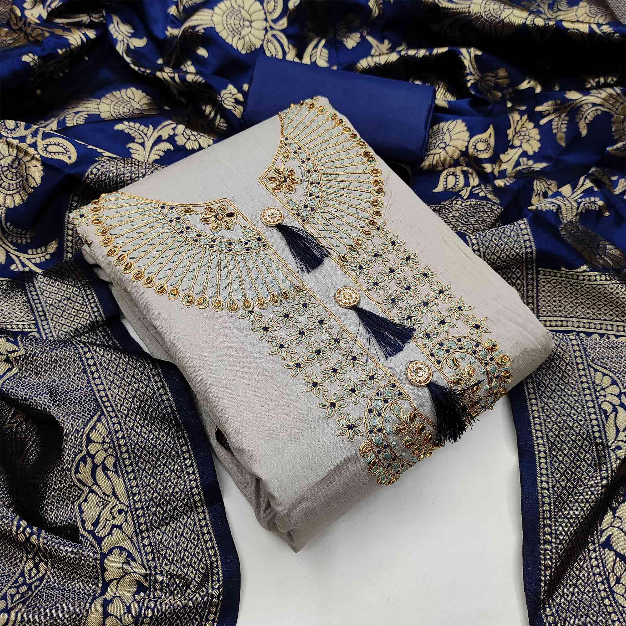 Peachmode Light Grey Casual Wear Floral Embroidery Cotton Dress Material
