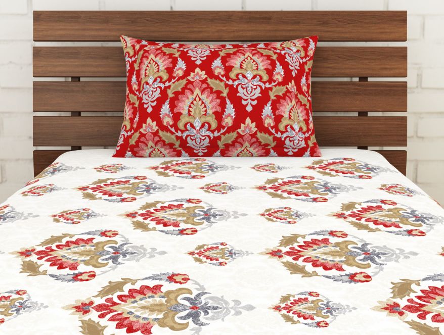 Spaces India Ornate Poppy Red - Red 100% Cotton Single Bedsheet - Atrium Ecom By Spaces - view 4