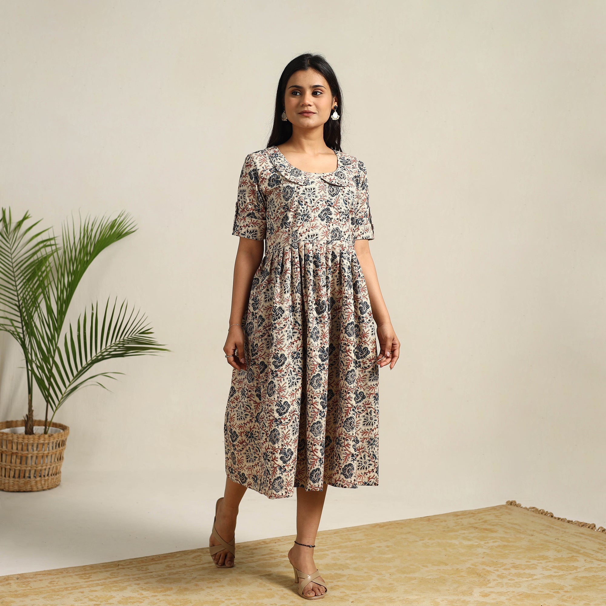 ITOKRI CASUALS Beige - Pedana Block Print Cotton Flared Kalamkari Dress 10 - view 2