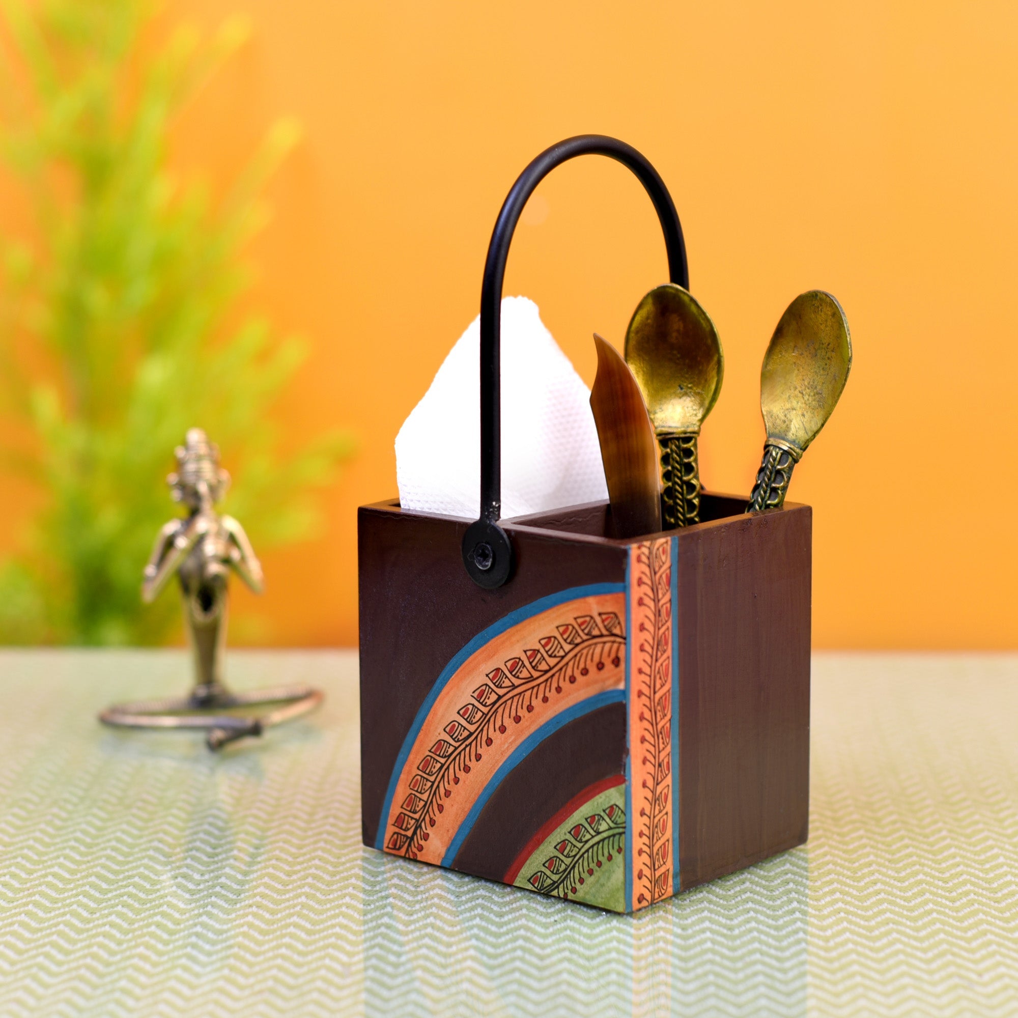 ART CREATIONS BY SUMAN SONTHALIA Brown - Cutlery Stand with Floral Patterns Handcrafted in Wood with Iron Handle (4x4x8.5) - view 2