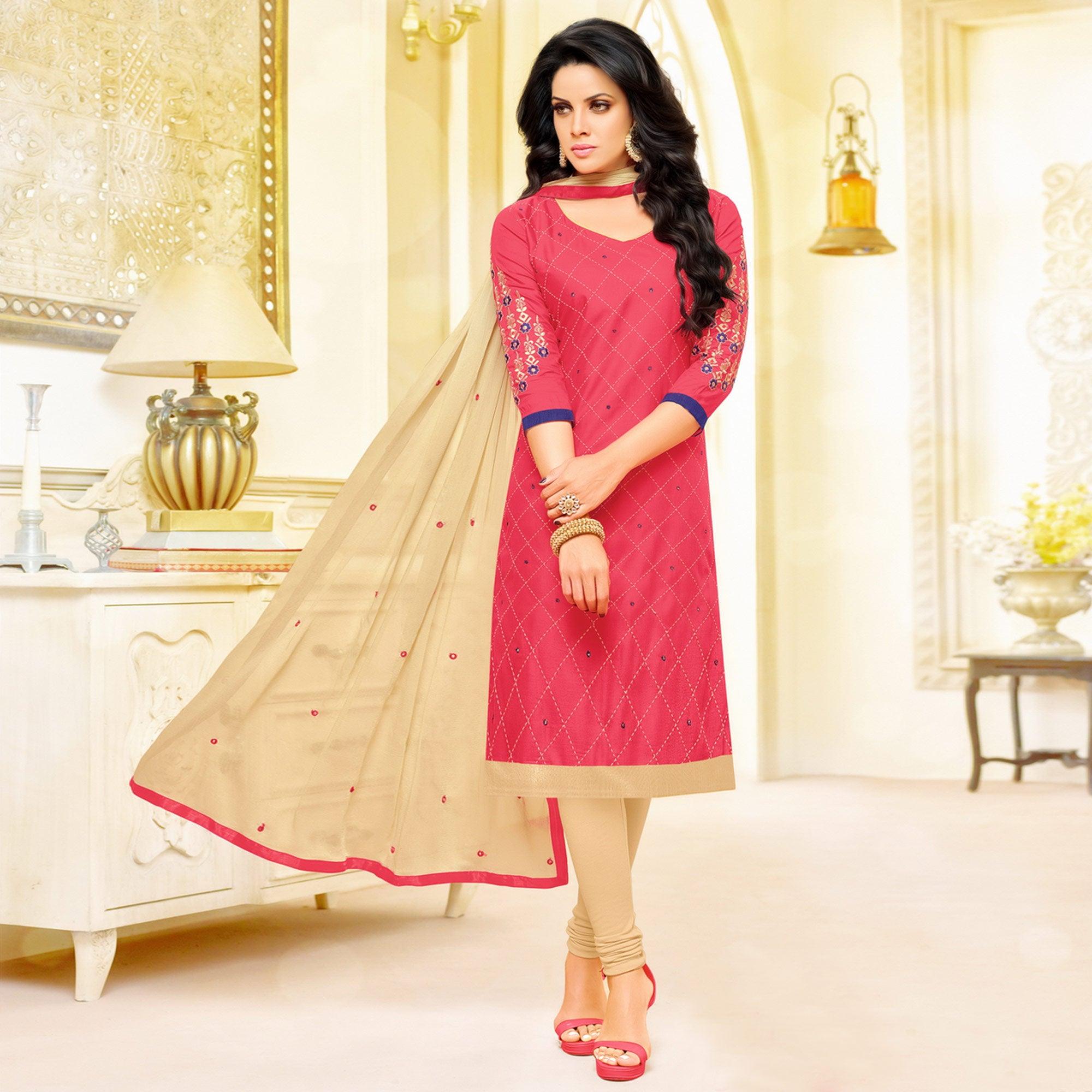 Peachmode Captivating Pink Colored Partywear Embroidered Cotton Dress Material