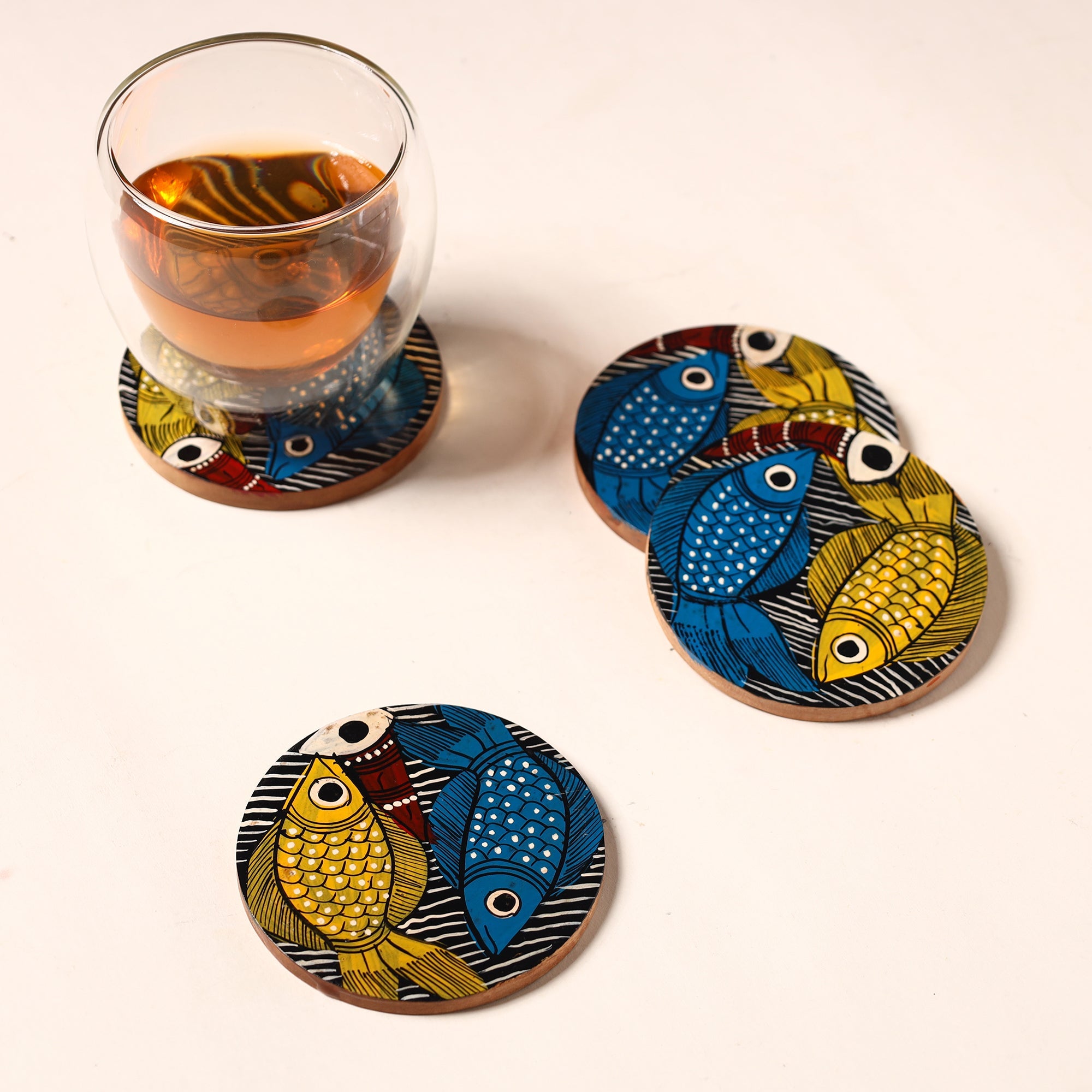 ITOKRI CRAFTS INITIATIVE Bengal Patua Handpainted Akashmoni Wooden Coasters (Set of 4) 36