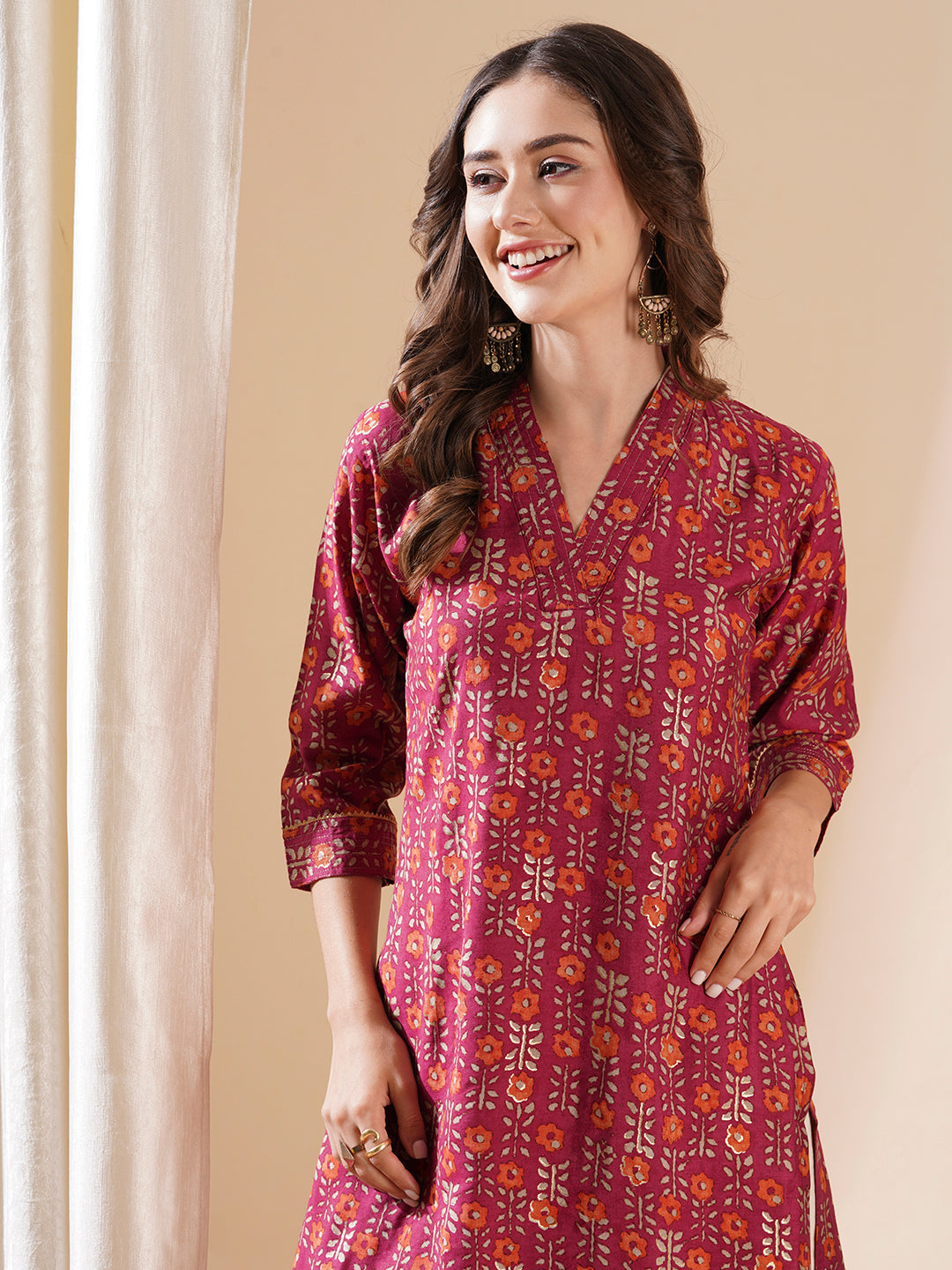 Fashor Floral Printed Zari Top Stitched & Gota Lace Embellished Kurta - Magenta - view 2