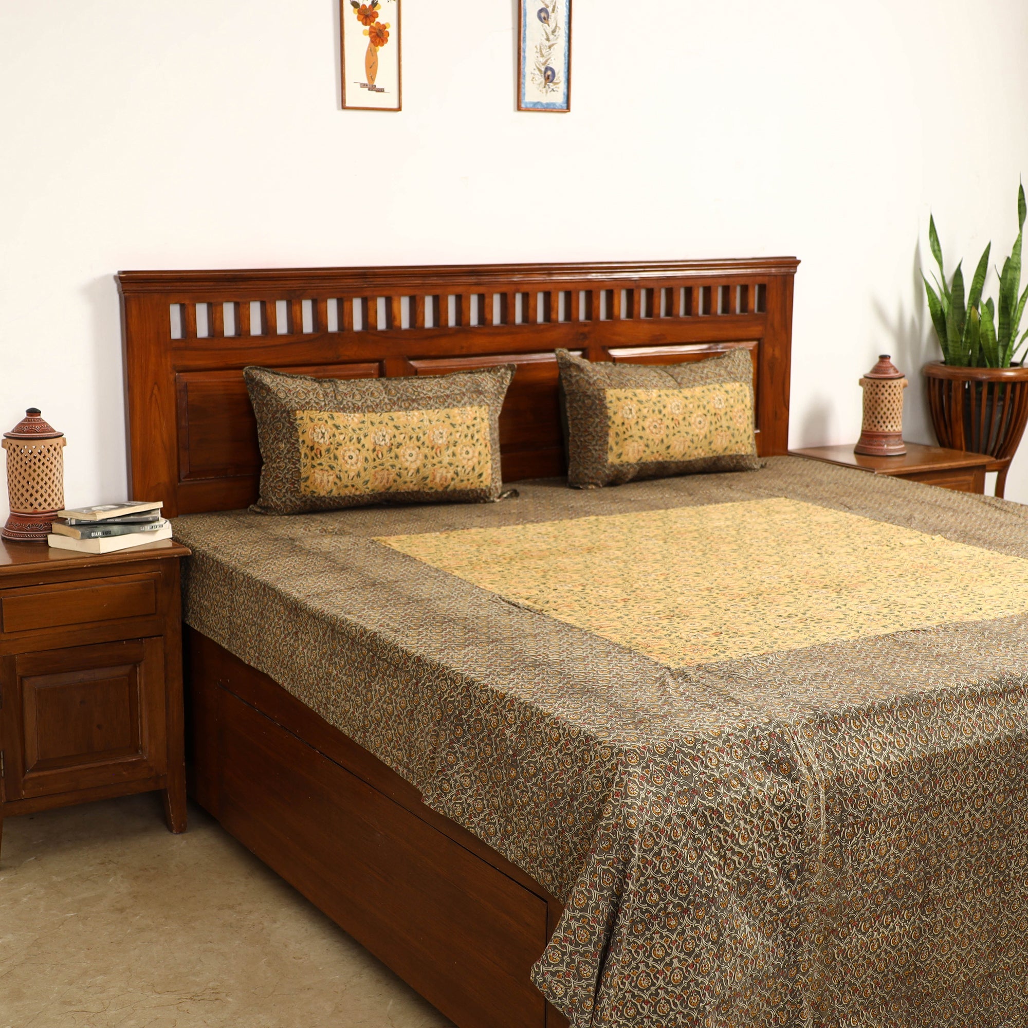 NOORI BAZAR Brown - Kalamkari Block Printed Patchwork Cotton Double Bed Cover With Pillow Covers (108 x 90 in)