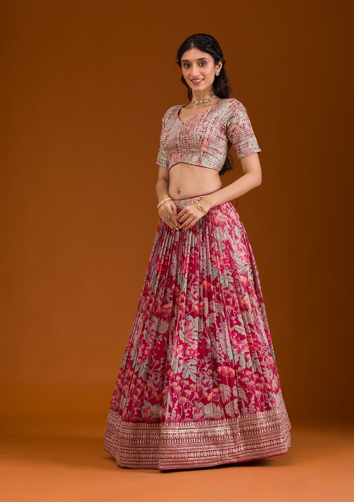 Koskii Maroon Printed Georgette Readymade Lehenga - view 6