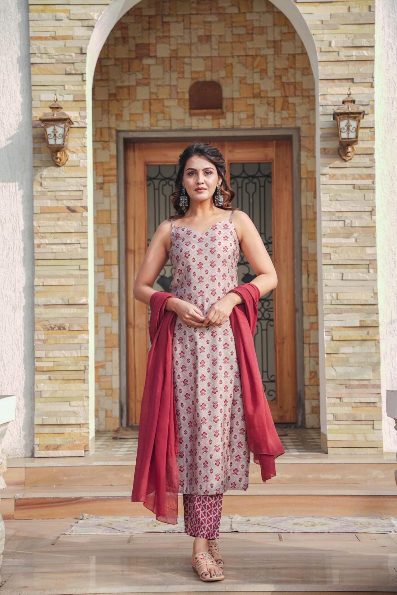 Idaho-o Crimson Muslin Straight Suit Set
