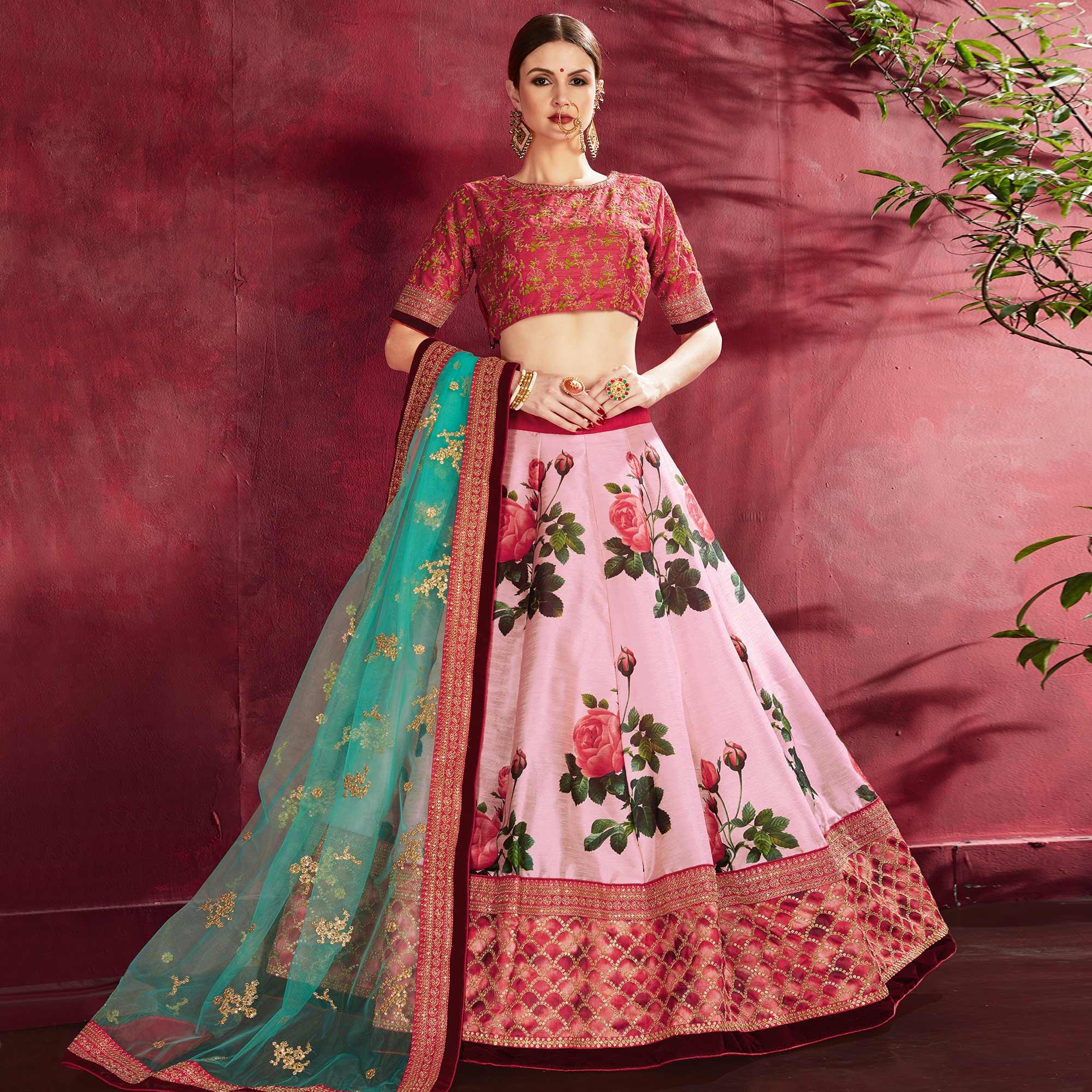 Peachmode Mesmerising Pink Colored Designer Digital Print And Embroidered Banglori Silk Lehenga Choli