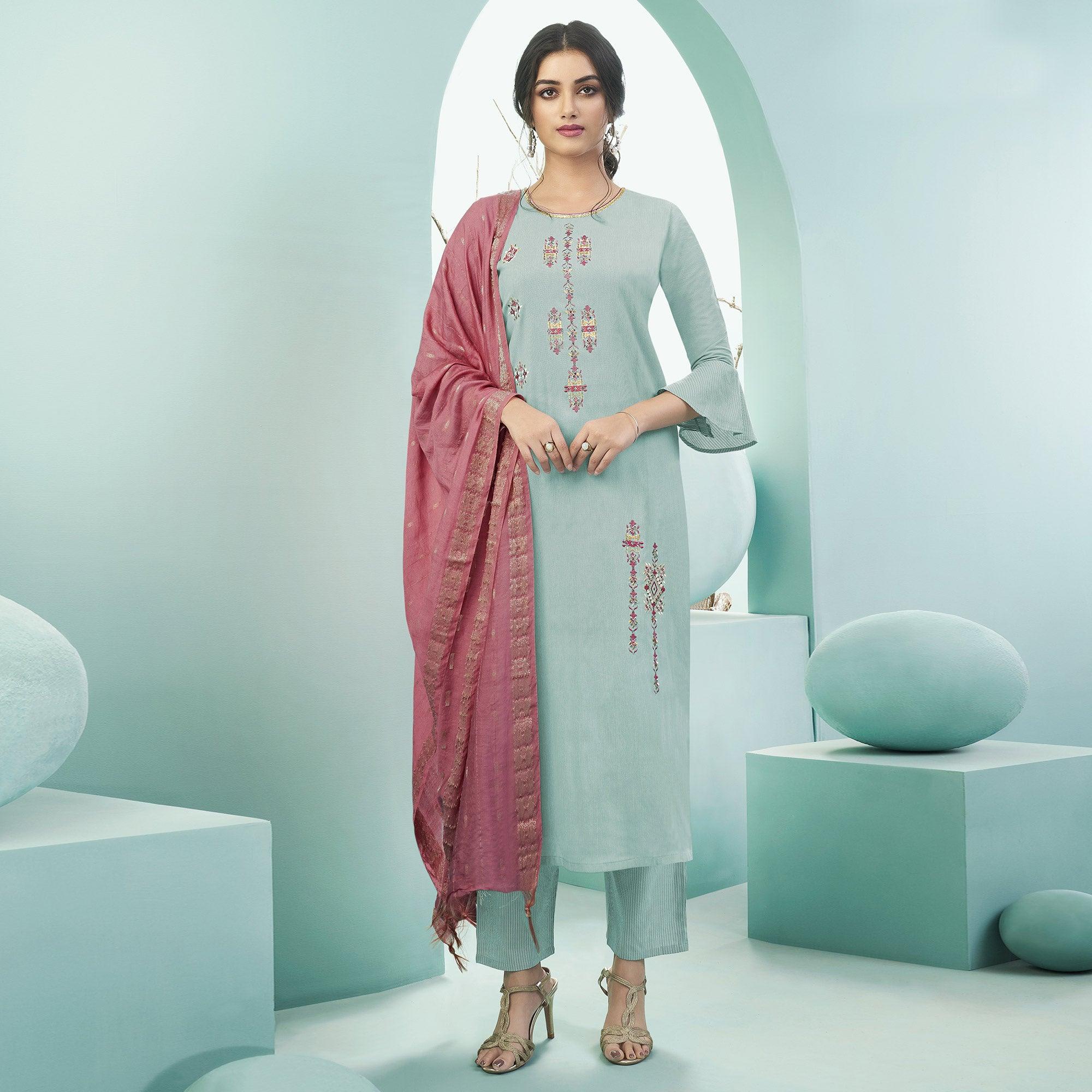 Peachmode Seller Light Sea Green Casual Wear Embroidered Cotton Suit