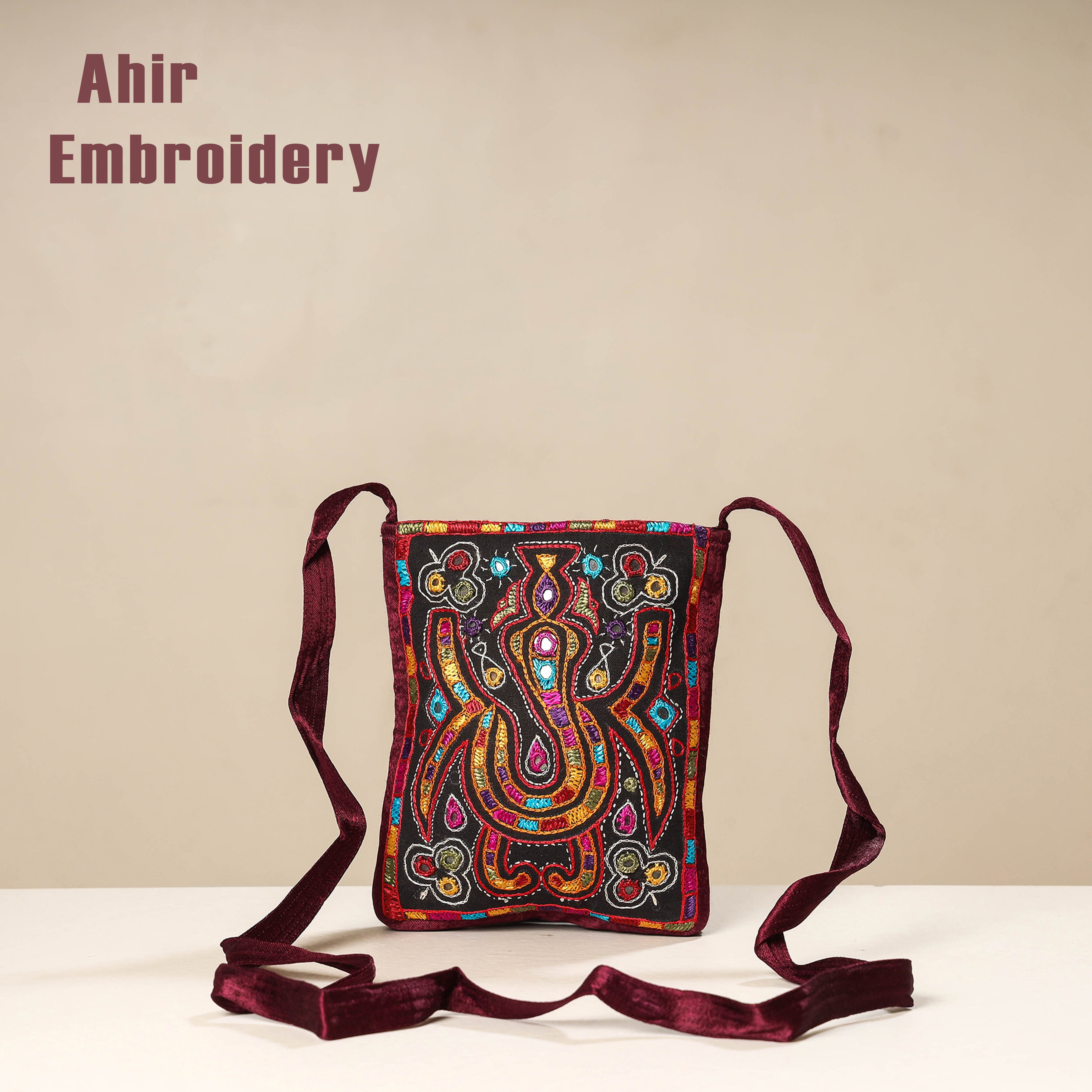 WAMA BY SMITA JAIN Brown - Kutch Ahir Embroidery Mashru Silk Sling Bag