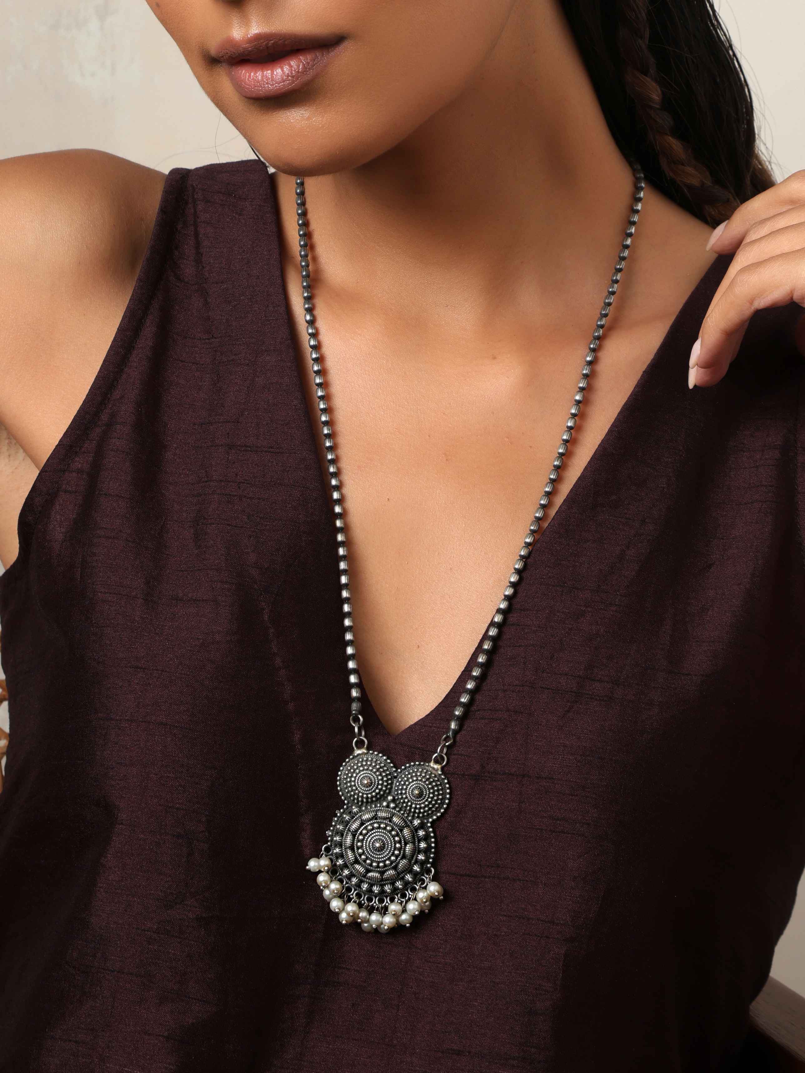 trueBrowns Silver Tone Pearl Drop Pendant Chain - view 2