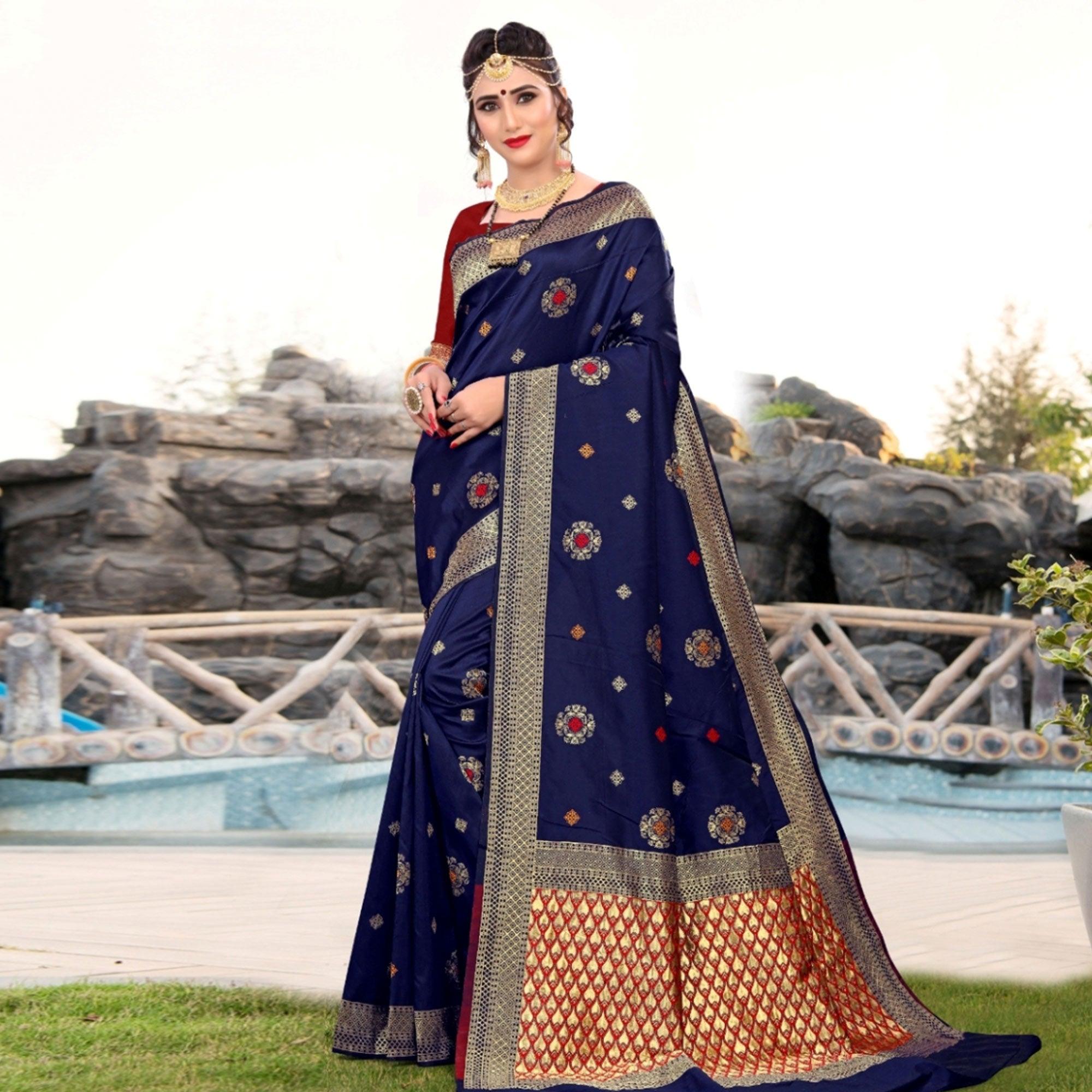 Peachmode Desirable Navy Blue Colored Festive Wear Woven Lichi Silk Saree