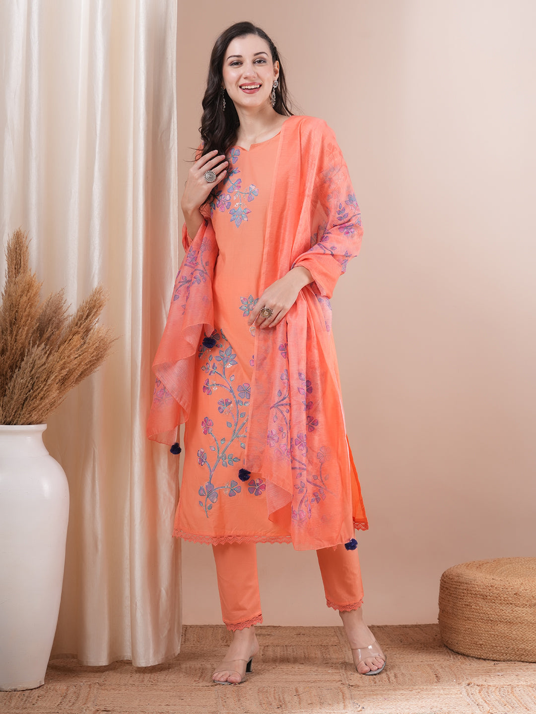 FASHOR Floral Patchwork Embroidered Straight Fit Kurta with Pant and Printed Dupatta - Peach