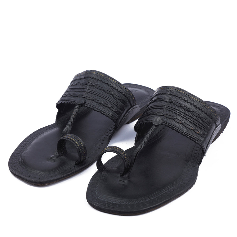 KORAKARI Black Handstitched Leather Kolhapuri Men Slipper