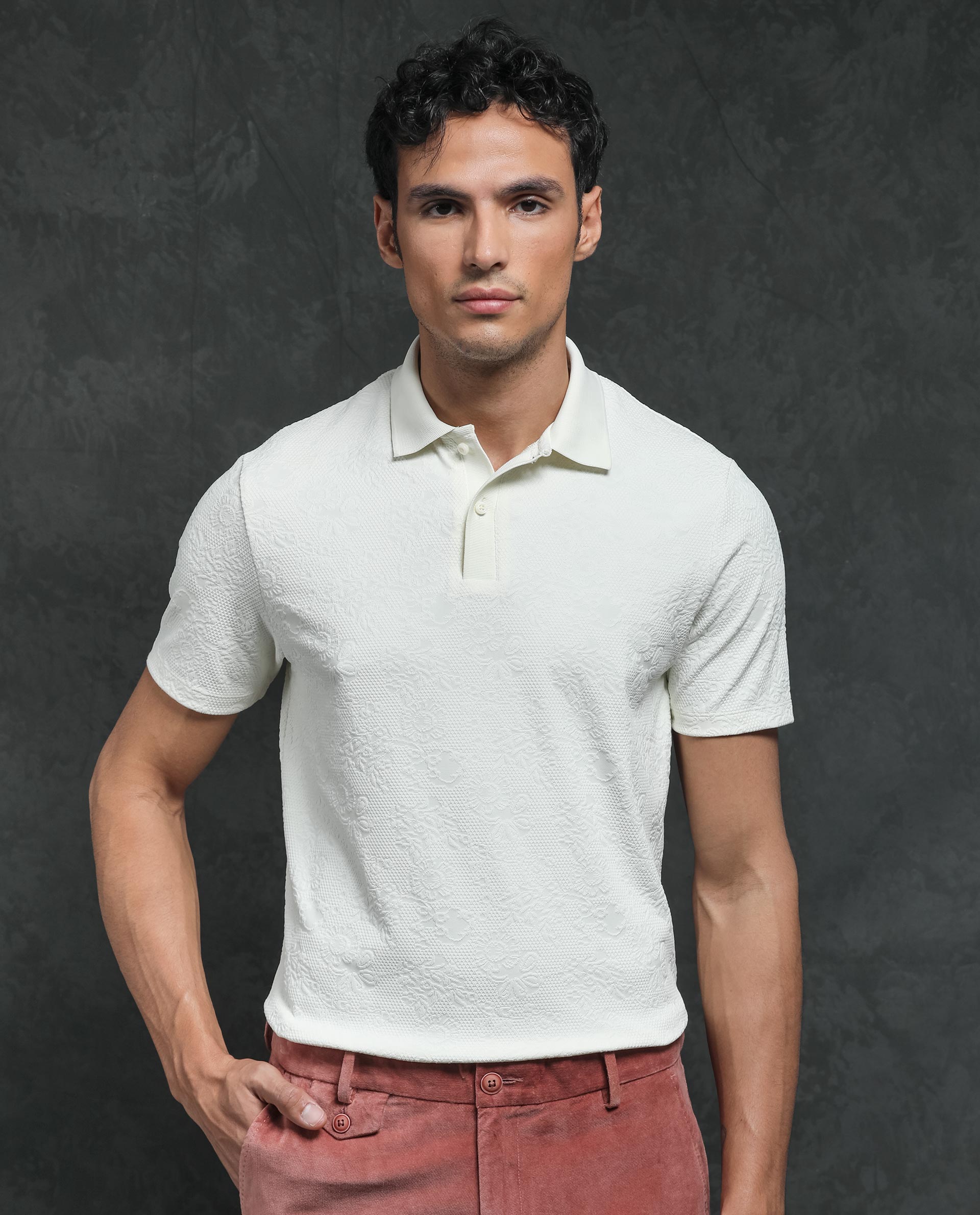 Rare Rabbit Men's Criuse Off-White Polyester Fabric Collared Neck Half Sleeve Floral Jacquard Polo T-Shirt - view 7