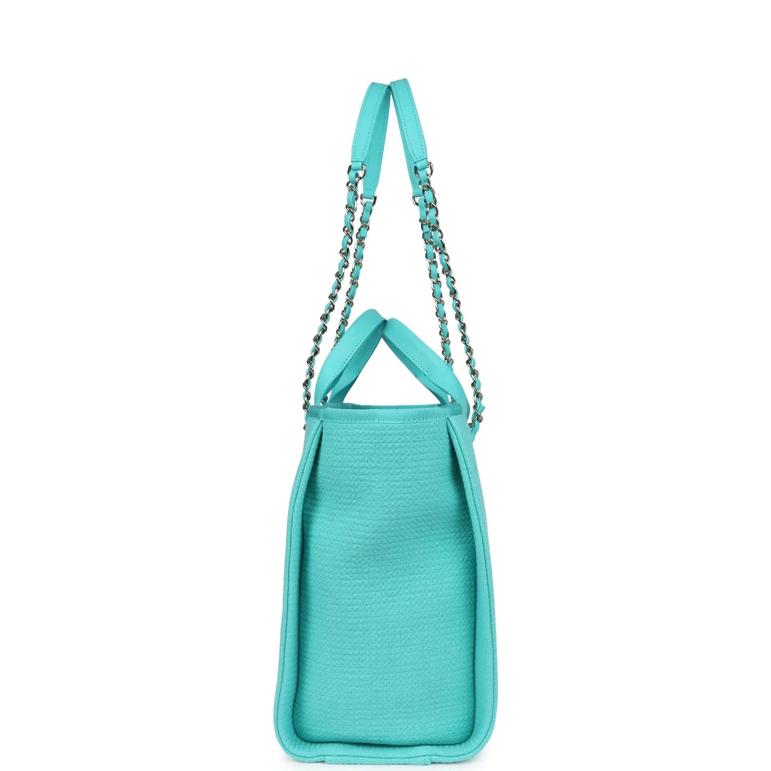 Cop Underdog Chanel Small Deauville Shopping Bag Turquoise Canvas Light Gold Hardware - view 5
