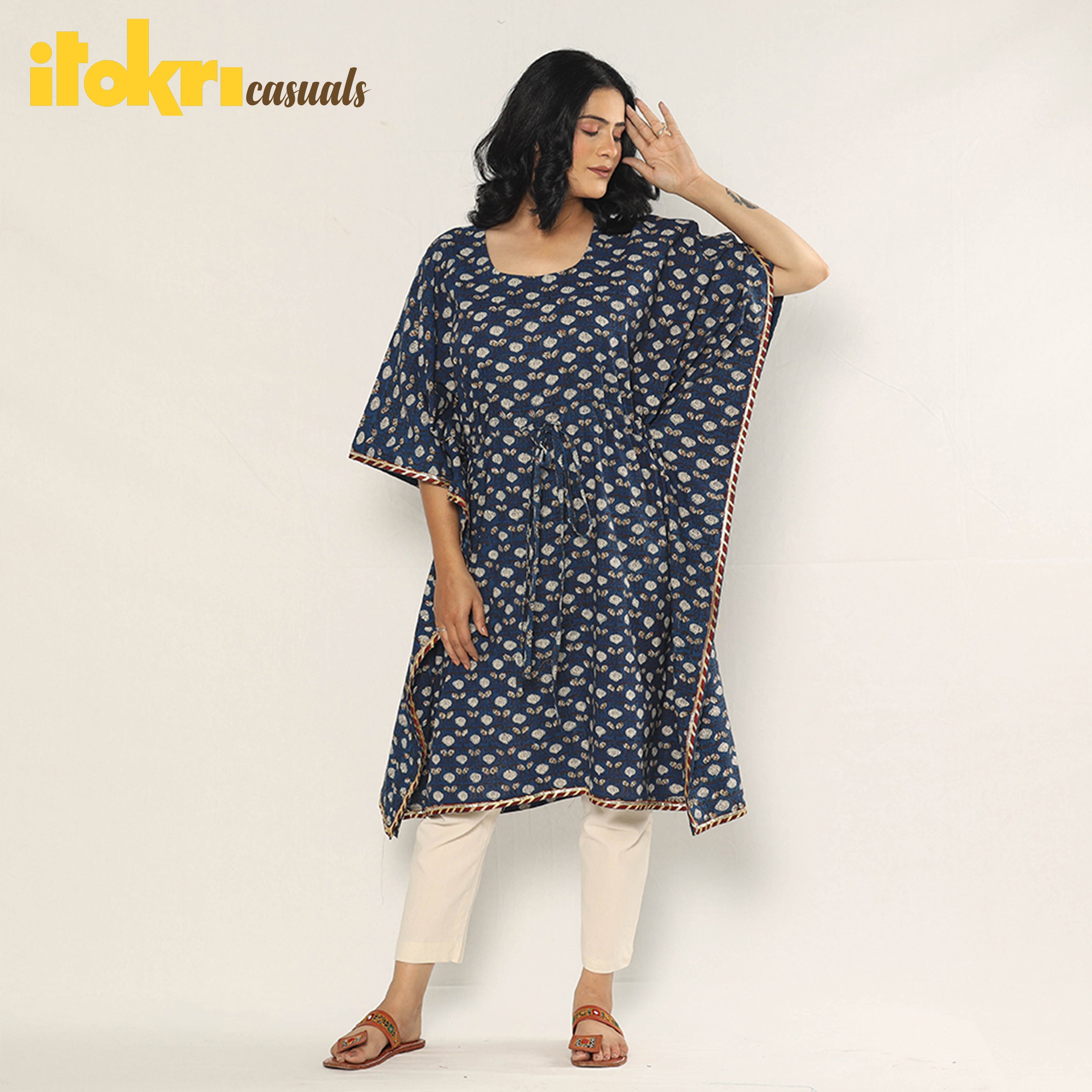 ITOKRI CASUALS Blue - Bagru Dabu Block Printing Cotton Kaftan Dress (Medium) - view 2