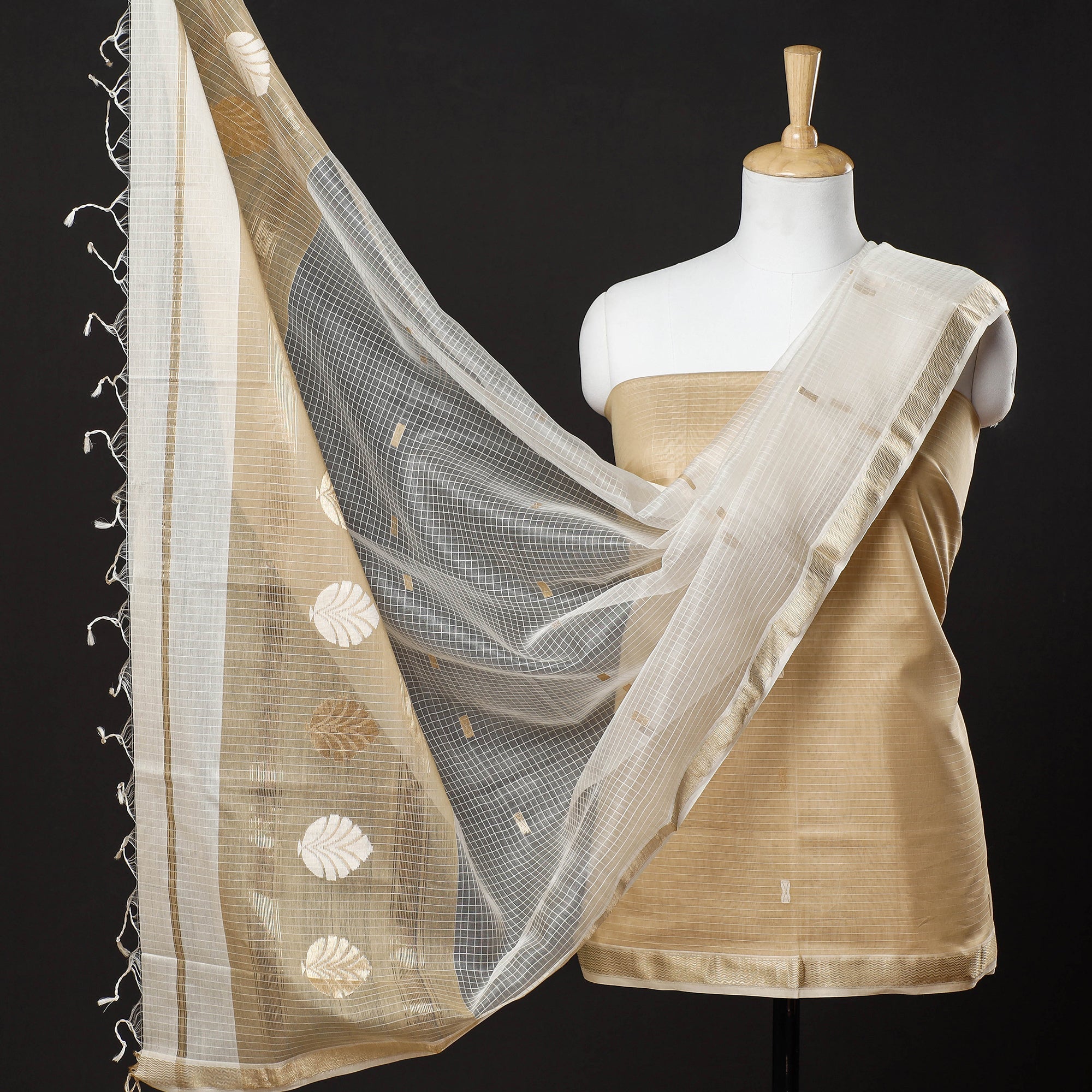 CHANDERI BY RAUPH KHAN Beige - 3pc Chanderi Silk Handloom Thread & Zari Buti Suit Material Set