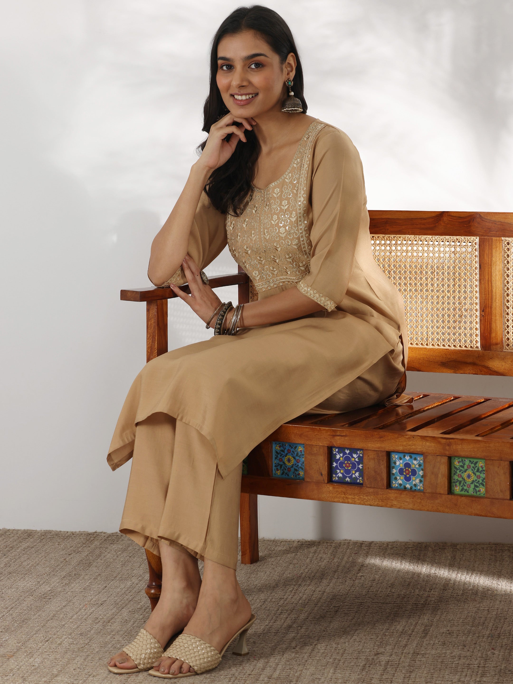 Gerua By Libas Beige Yoke Design Silk Blend Straight Suit With Dupatta