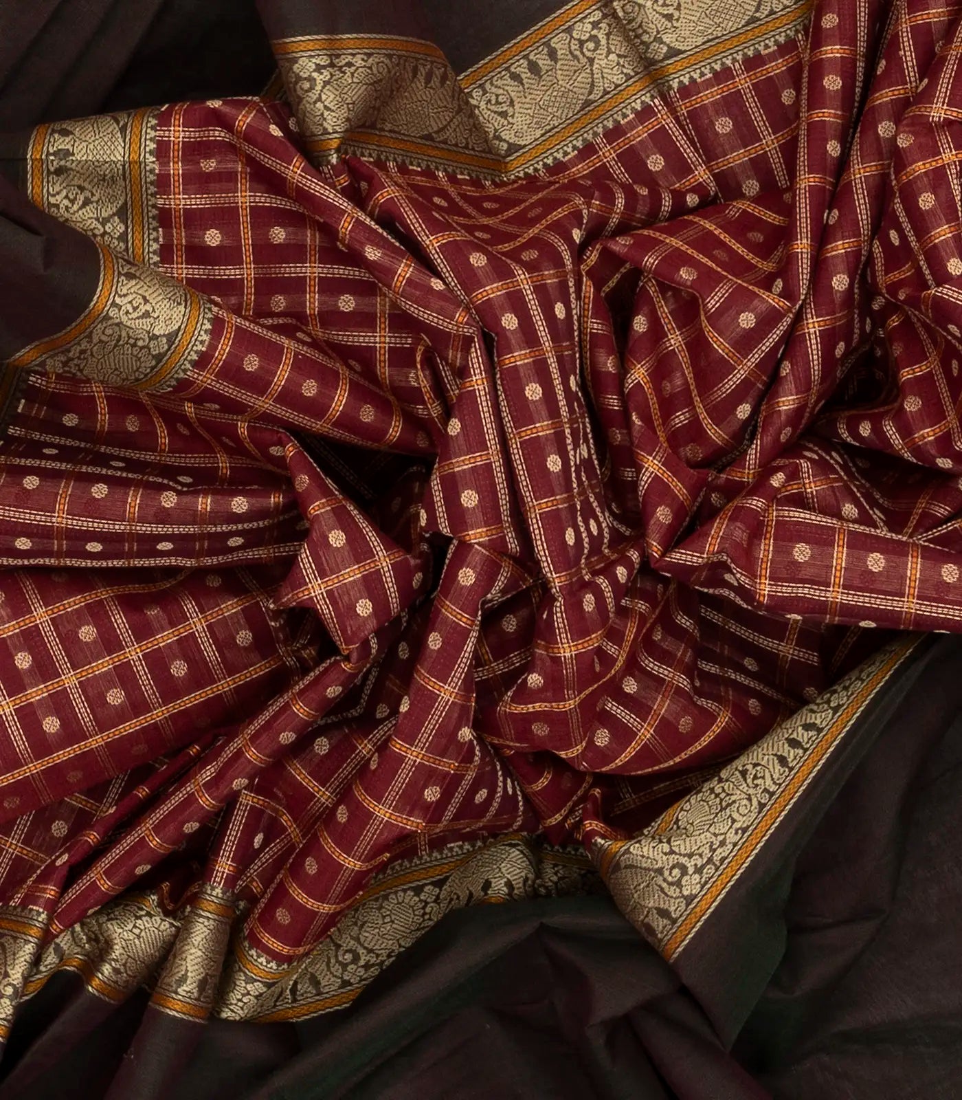 RmKV Crimson Handloom Kanchi Cotton Muppagam Saree With Checks & Button Motifs - view 3