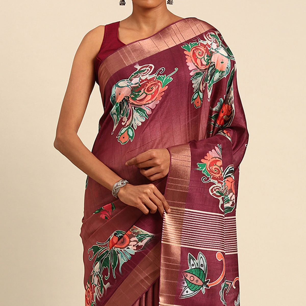Peachmode Maroon Digital Printed Cotton Blend Saree With Woven Border - view 3