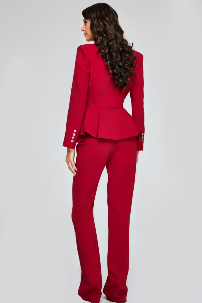 Jovani 39374 Long Pleated Formal Jumpsuit – Cranberry - view 2